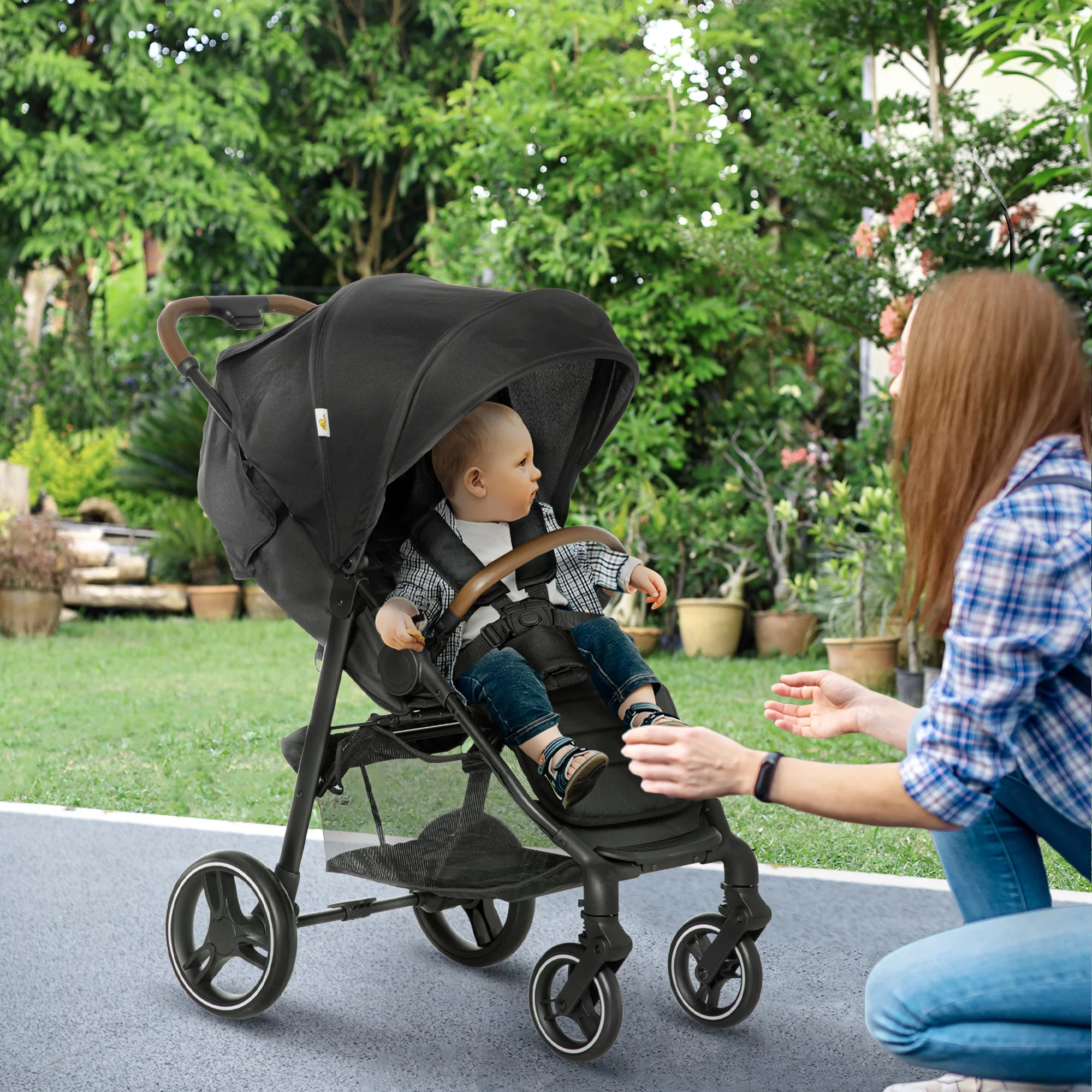 Qaba 1-Click-Foldable Toddler & Baby Stroller, Lightweight Stroller, Black - Womvr