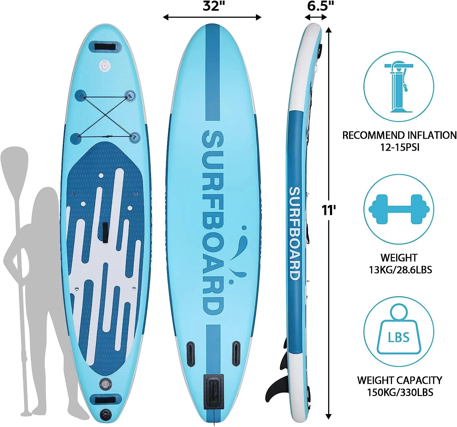 PULUOMIS Inflatable Paddle Board with Seat,Backpack,Hand Pump,Fins,Repair Kit - 11 Ft - Adult - Blue - Womvr