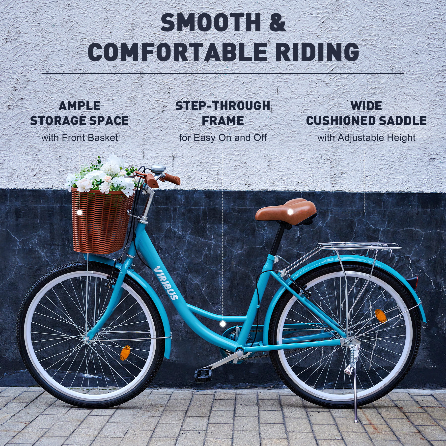 Viribus Women's Comfort Bike 26 Inch Beach & City Cruiser Bicycle with Basket Rack Teal - Womvr
