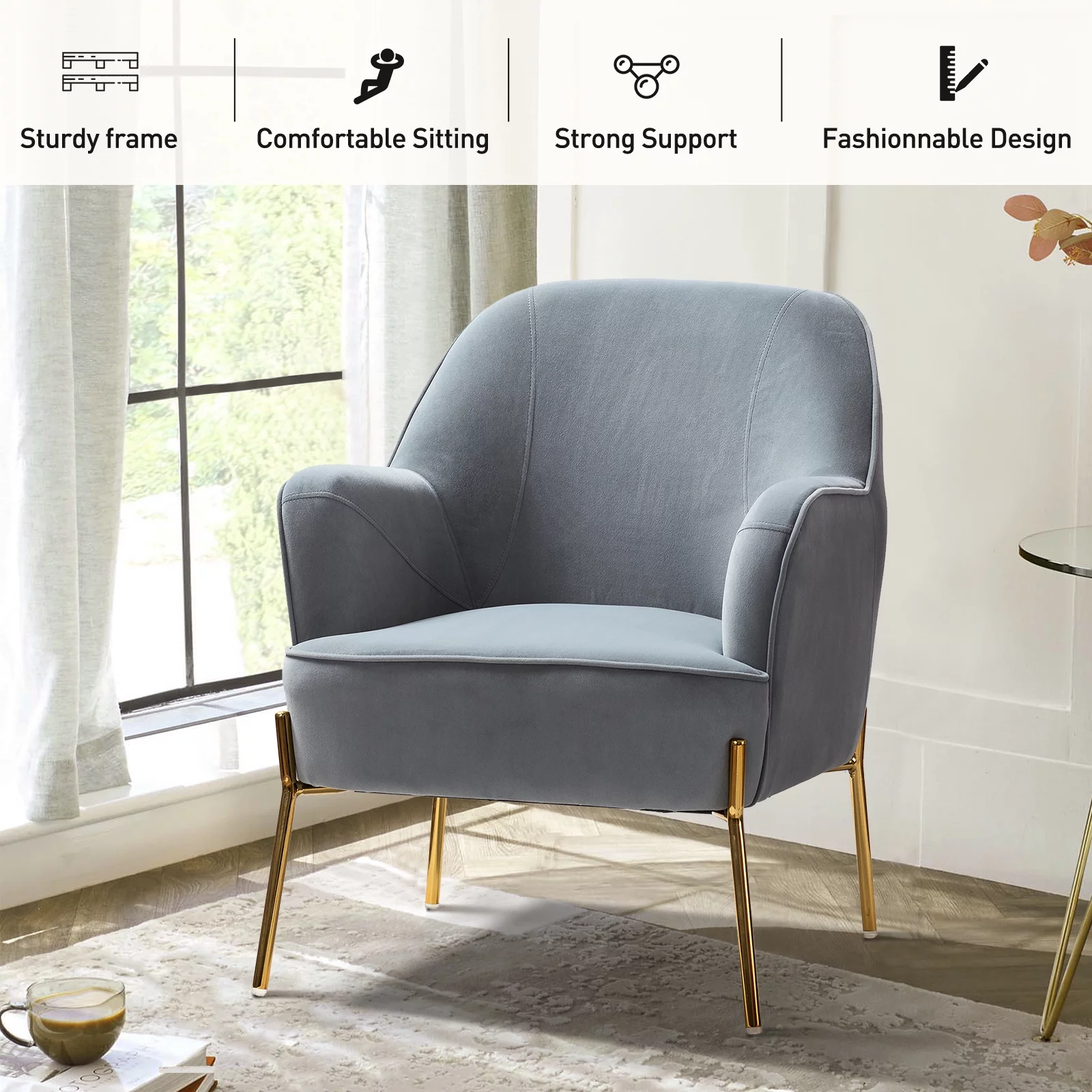 Velvet Upholstered Accent Chair Metal Legs Curved Backrest Lounge Home Armchair Bedroom Adult Pink - Womvr