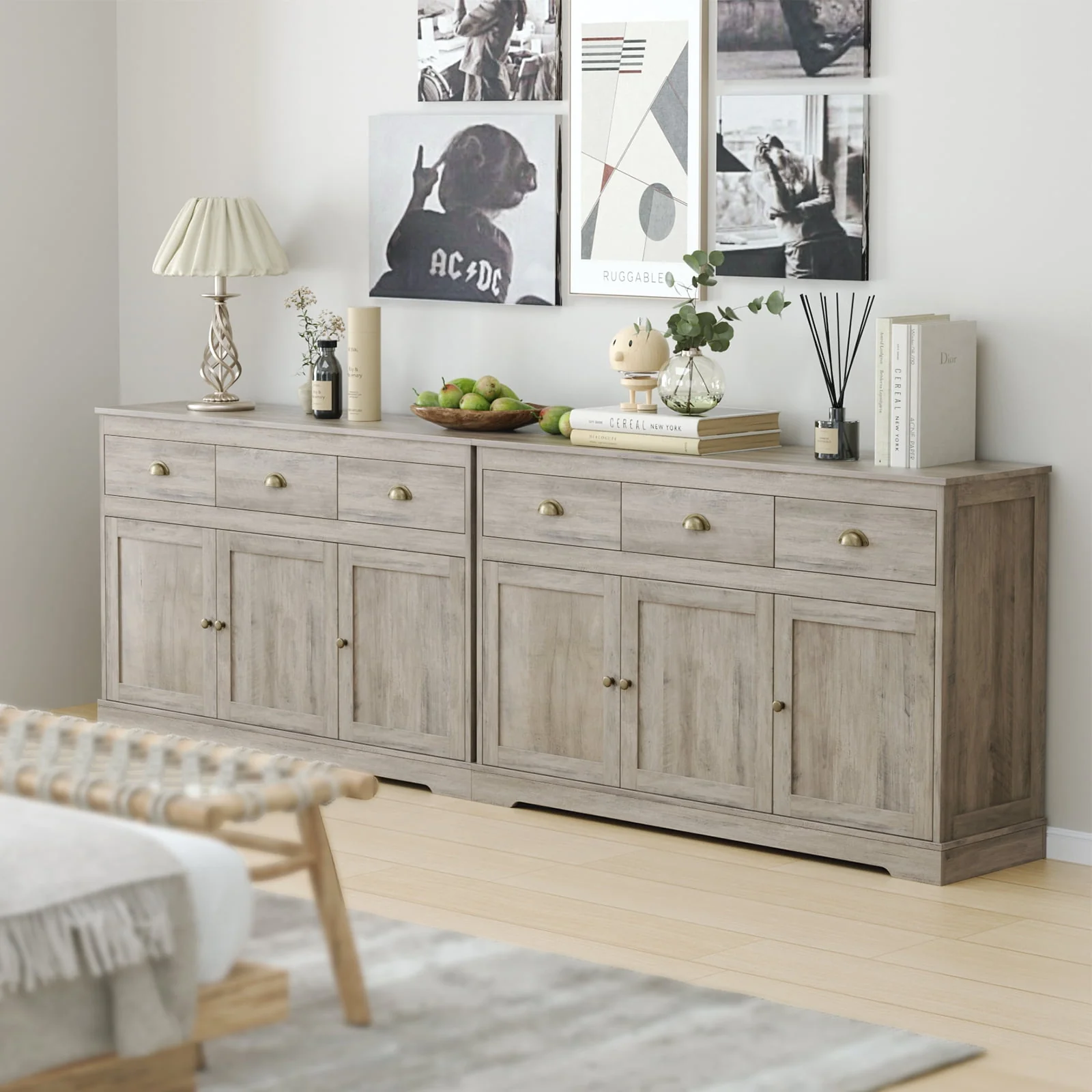 Homfa Sideboard Storage Cabinet with 3 Drawers & 3 Doors, 53.54'' Wide Buffet Cabinet for Dining Room, White - Womvr