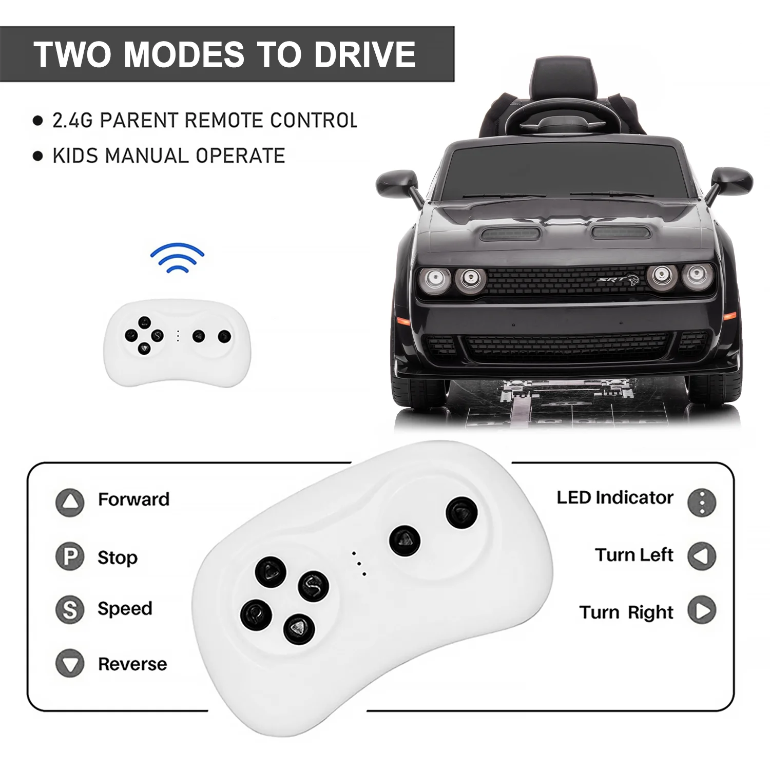 Dodge Challenger 12 V Powered Ride On Car with Remote Control, SRT Hellcat Toys for Kids, Black - Womvr