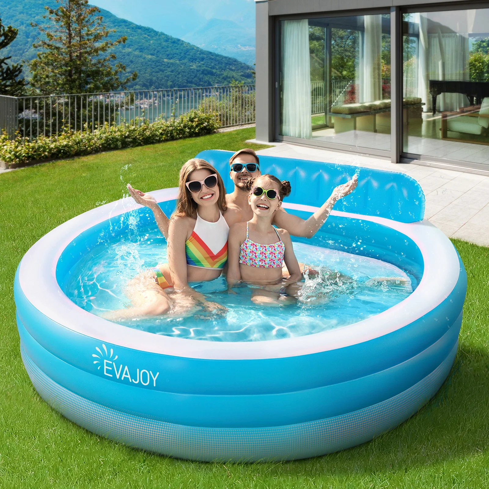 Evajoy Inflatable Pool, Family Lounge Swimming Pool with Seat for Kids Aldult, Round, 7.33 x 7.11 x 2.5 ft - Womvr