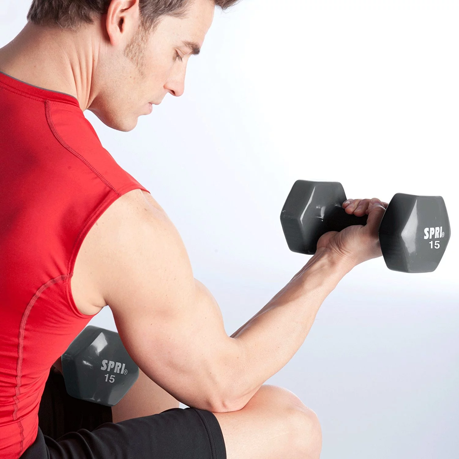 SPRI Deluxe Vinyl Dumbbells, 15 lb Pair, Grey - Womvr