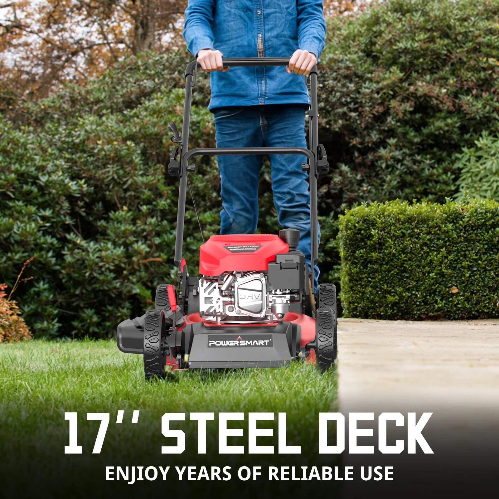 PowerSmart Push Gas Lawn Mower 17-Inch 127cc Engine, 3-in-1 with Bagger, 6-Position Height Adjustment - Womvr