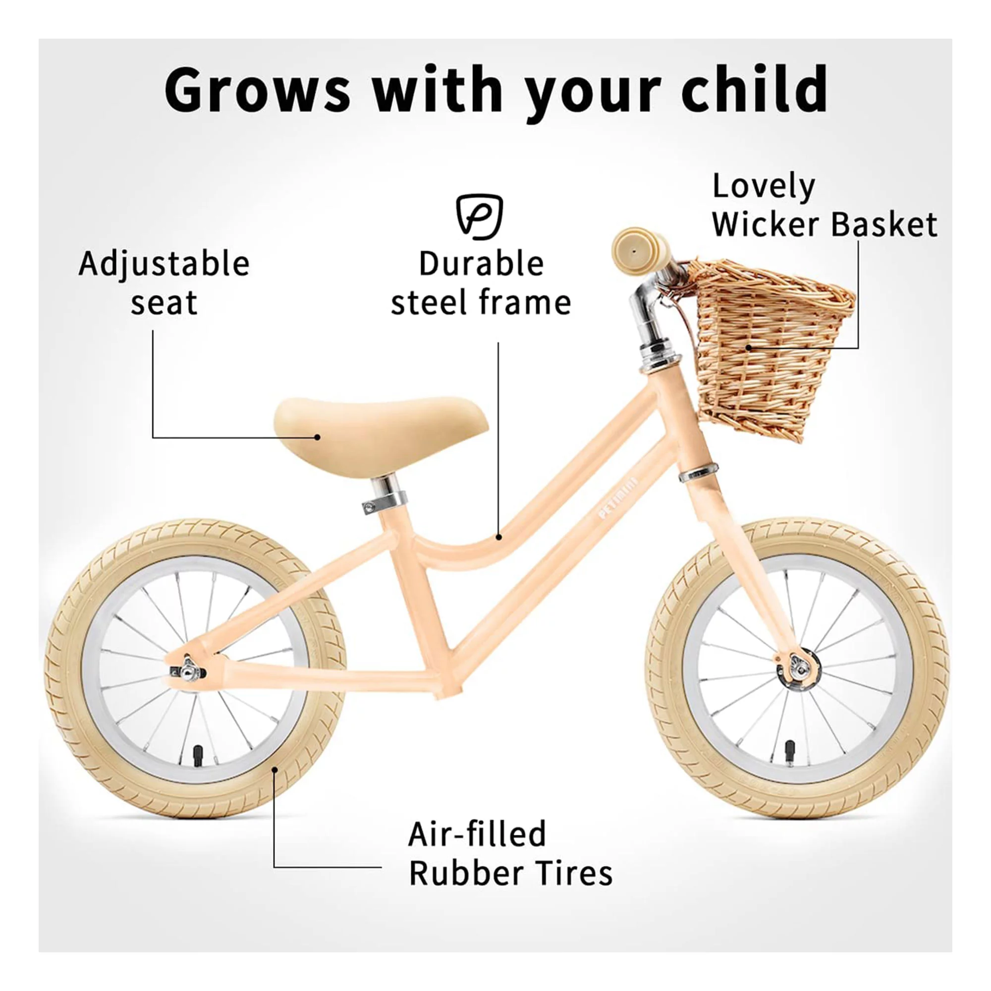 Petimini 12 Inch Kids Balance Bike with Basket for 2-6 Year Olds, Peach - Womvr