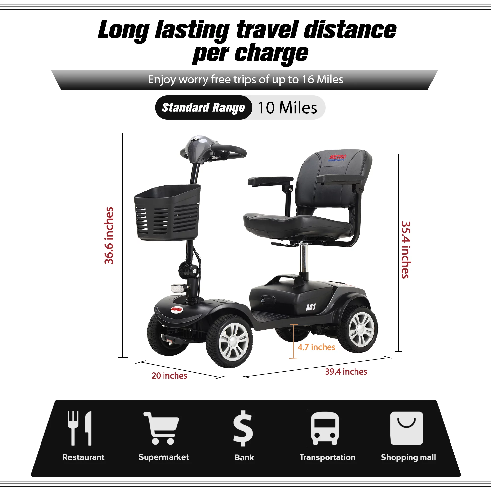 Electric Mobility Scooter for Adults and Seniors - 300 lbs Max Weight, 4-Wheel Powered Mobility Scooters Wheelchair Device for Travel, Elderly (with Head Light-White) - Womvr