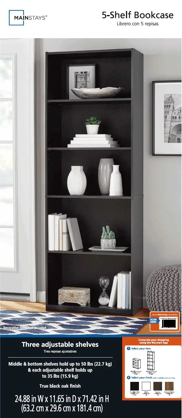 Mainstays 5-Shelf Bookcase with Adjustable Shelves, White - Womvr