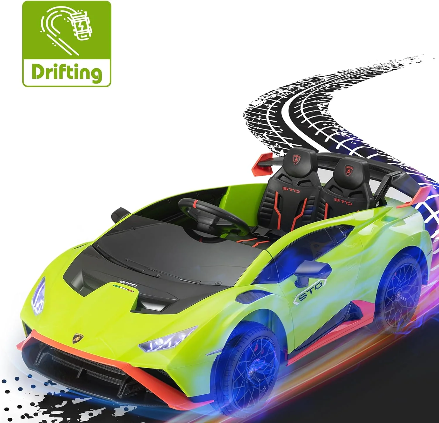 TOBBI 24V Lamborghini STO Licensed Kids Ride on Drift Car Gray Electric Car W/Remote Control LED Lights, up to 10 mph - Womvr