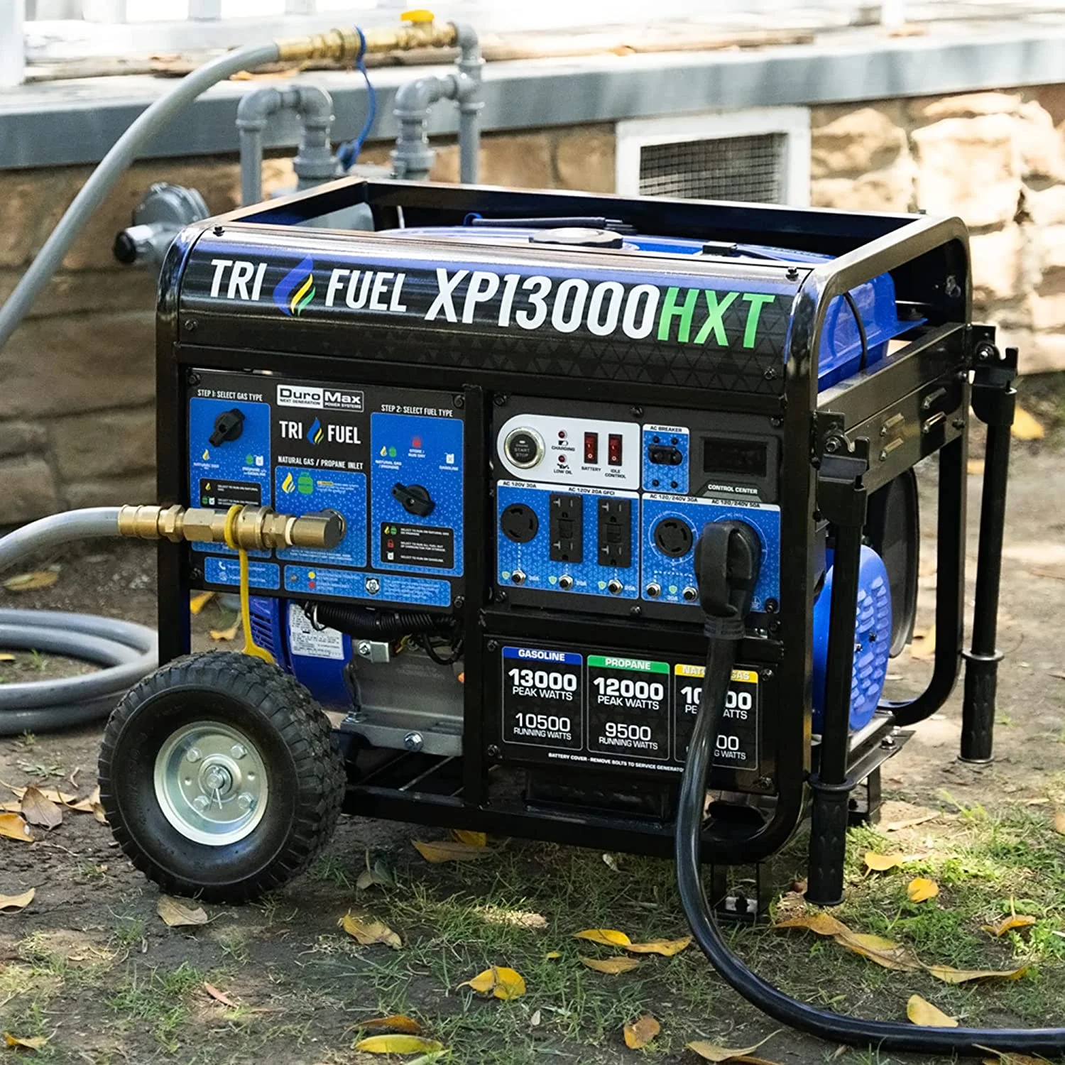 DuroMax XP13000HXT 13,000 Watt Electric Start Tri-Fuel Natural Gas/Propane/Gas Powered Portable Generator w/ CO Alert - Womvr