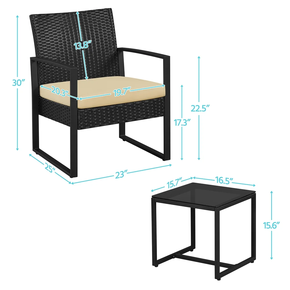 Yaheetech Modern 3-piece Patio Rattan Chairs & Table Set with Cushions, Black/Gray - Womvr
