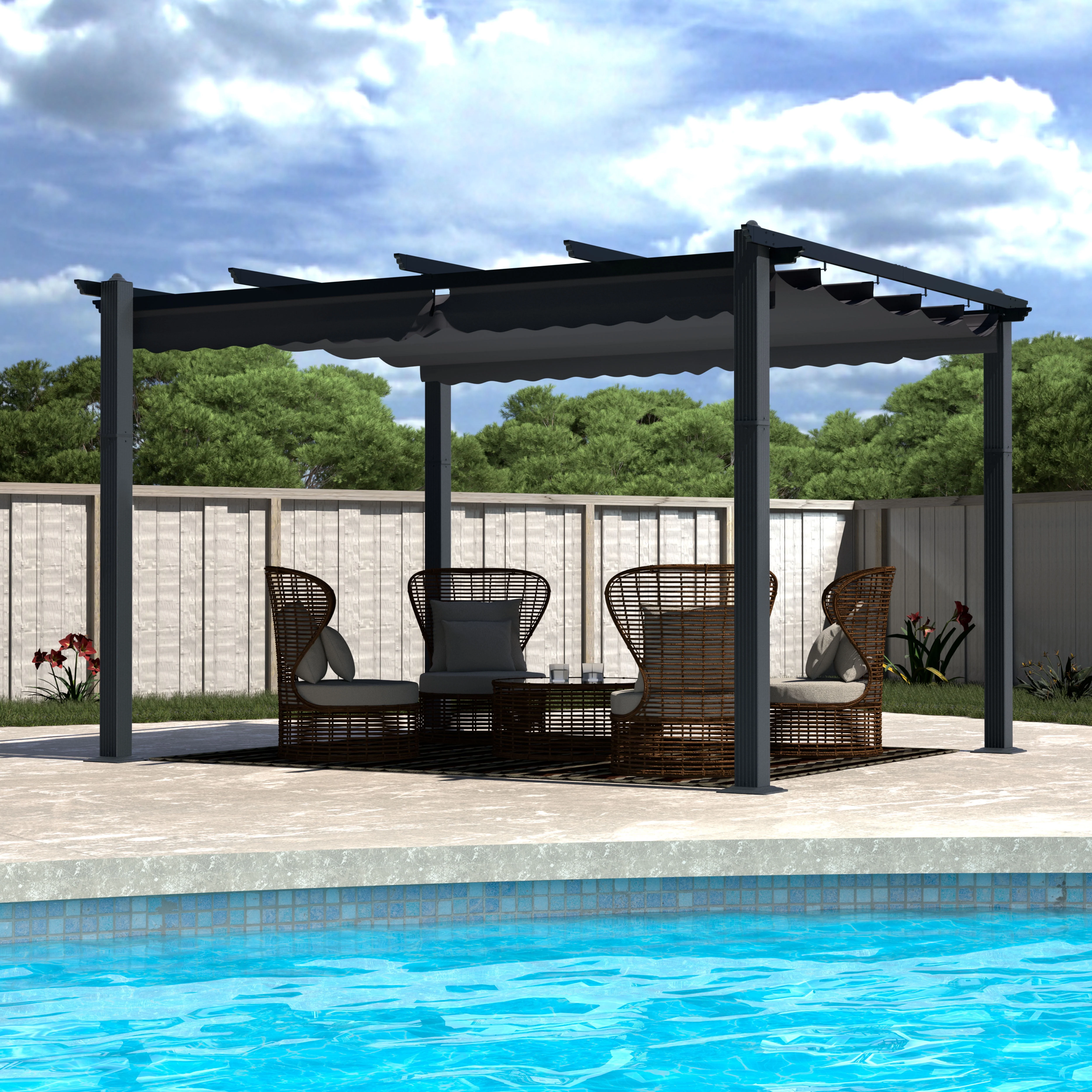 VEIKOUS 10' x 10' Outdoor Metal Pergola, Aluminum Gazebo w/Retractable Canopy for Patio, Gray - Womvr