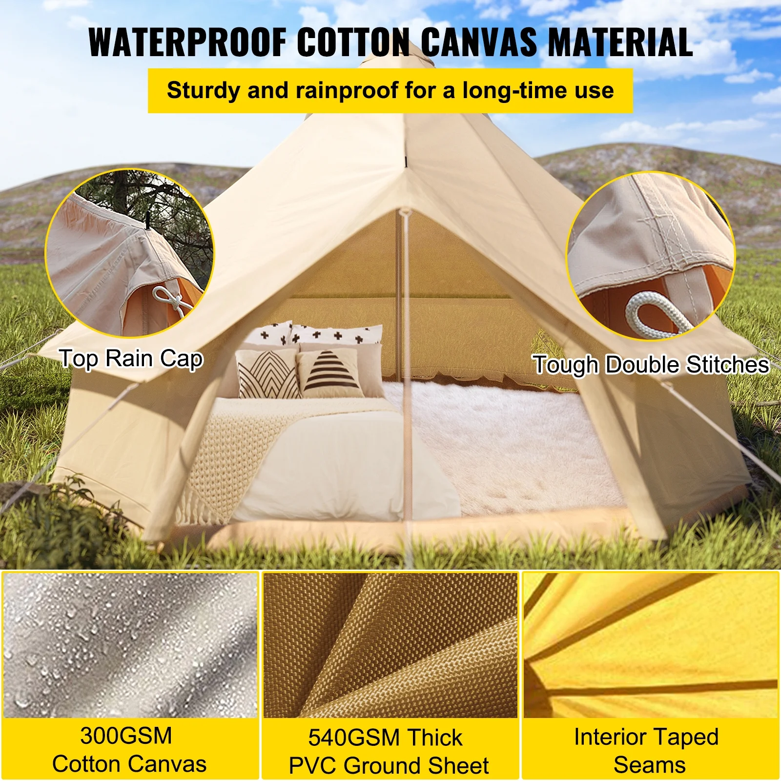 BENTISM Canvas Bell Tent 9.84ft Cotton Canvas Tent with Wall Stove Jacket Glamping Tent Waterproof Bell Tent for Family Camping Outdoor Hunting in 4 Seasons - Womvr