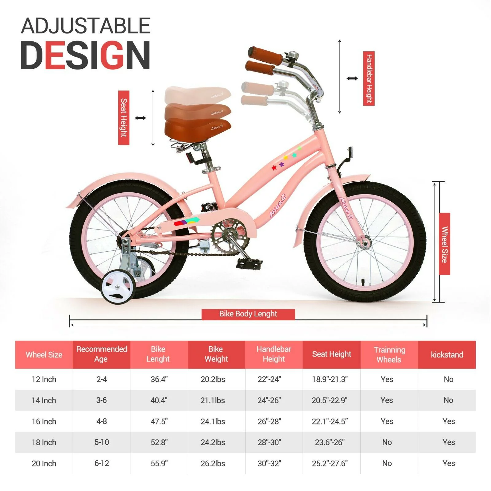 Nice C Kids Bike with Coaster Brake and Training Wheels, Boys Girls 12 14 16 18 20 inch (12 inch Black) - Womvr