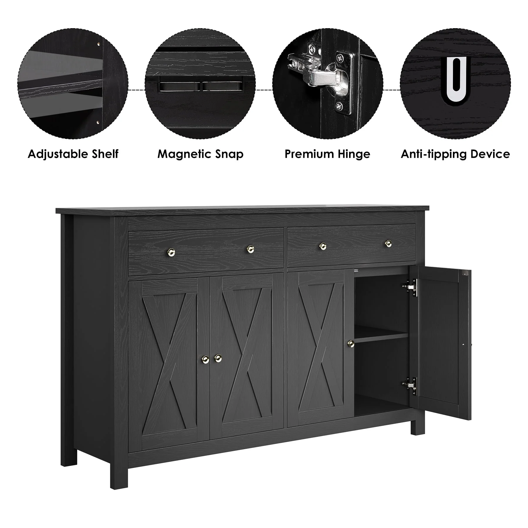 Homfa 4-Doors 2-Drawers Farmhouse Storage Cabinet, Wood Sideboard with Adjustable Shelves for Kitchen Dining Room, White - Womvr