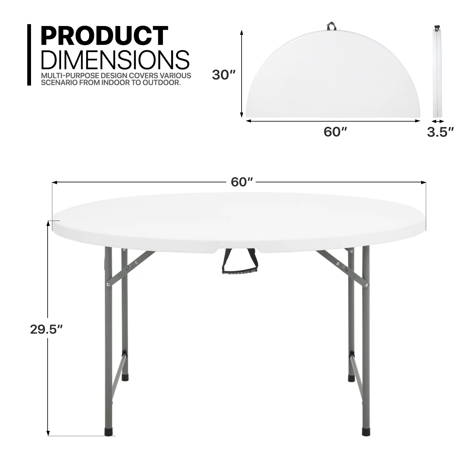 MoNiBloom 5 foot Round Bi-Fold Plastic Table, Metal Frame Indoor Outdoor 60 Inch Foldable Desk for Kitchen Party Wedding, Grey - Womvr