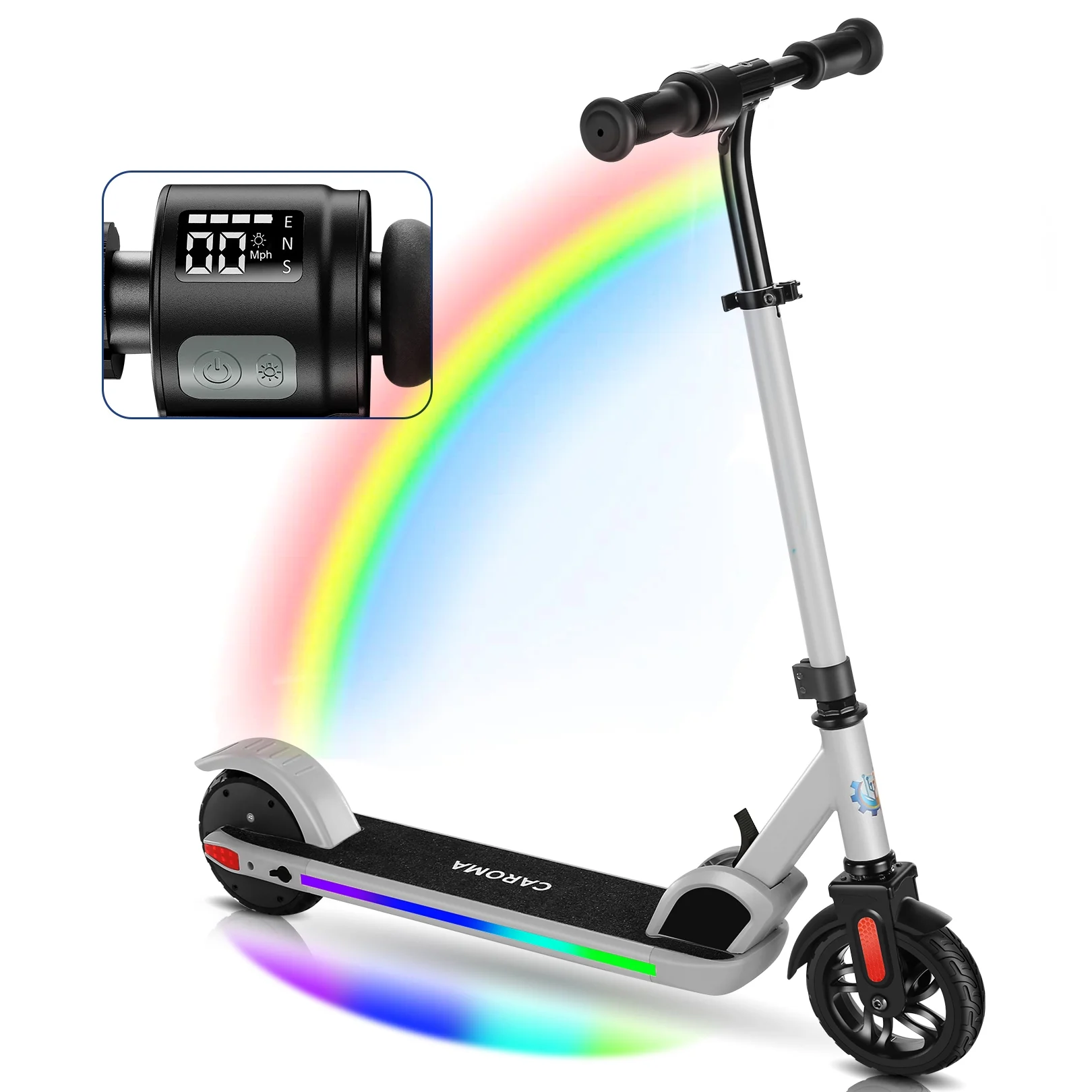 CAROMA Electric Scooter for Kids Ages 8-12, 150W Motor, Up to 10 MPH & 7 Miles, Lightweight Foldable Electric Kick Scooter for Boys and Girls, Colorful Lights, Adjustable Speed and Height - Womvr