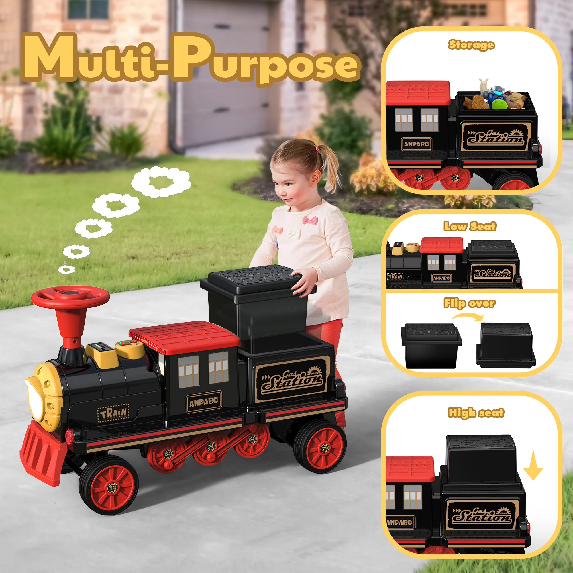 TOKTOO 12Volt 2 Seater Kids Ride on Train W/ Rubber Wheels, Storage Box, LED Headlight, Music Player-Black Red - Womvr