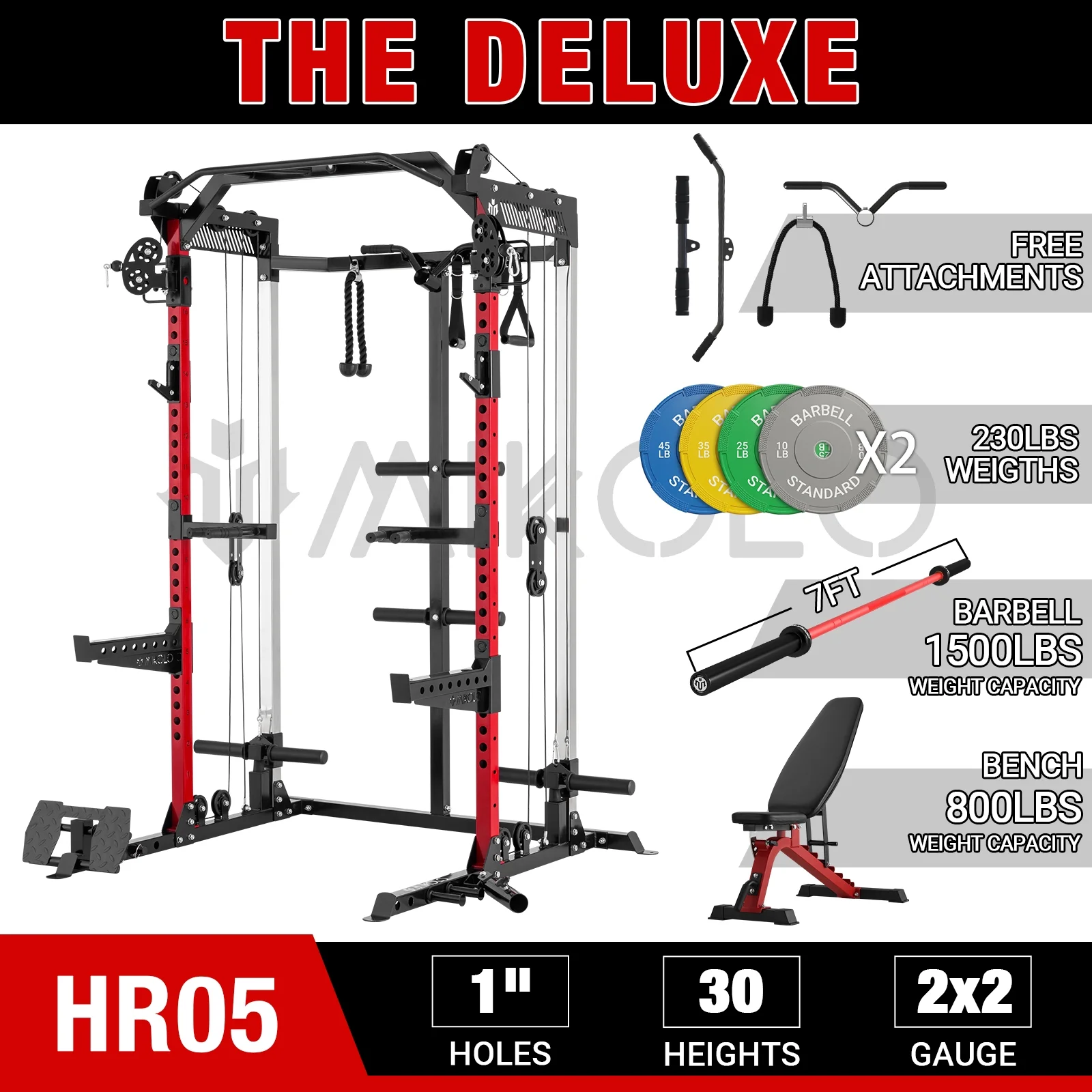 Mikolo Power Rack Cage, 1500 lbs Weight Rack with Cable Crossover Machine,Multi-Function Squat Rack with J Hooks,Dip Bars and Landmine for Home Gym (Black), Plate Loaded Machine - Womvr