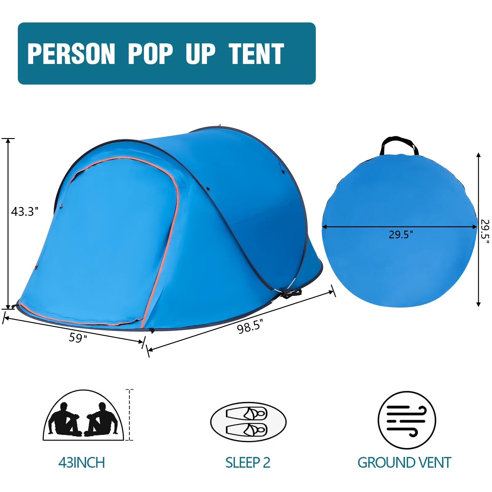 HONGGE 2 Person Instant Pop-up Tent Waterproof Family Camping Tent, 2 Side Windows Blue - Womvr