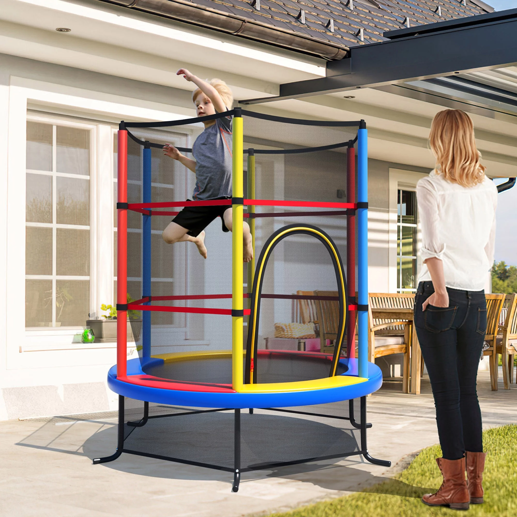 Gymax 55'' Recreational Trampoline for Kids Toddler Trampoline w/ Enclosure Net Navy - Womvr