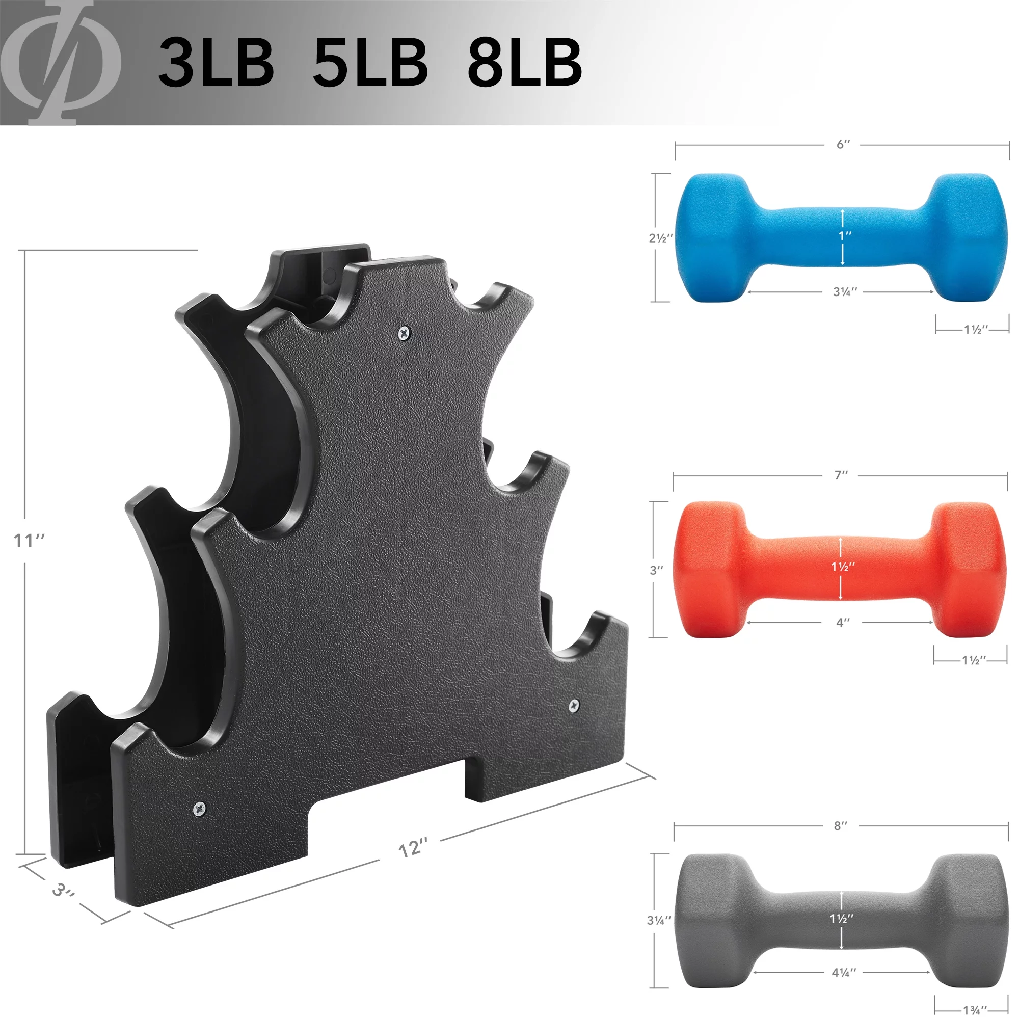 Philosophy Gym Neoprene Dumbbell Hand Weight with Stand, 20 Lbs. (2 Lb., 3 Lb., 5 Lb. Pairs) - Womvr