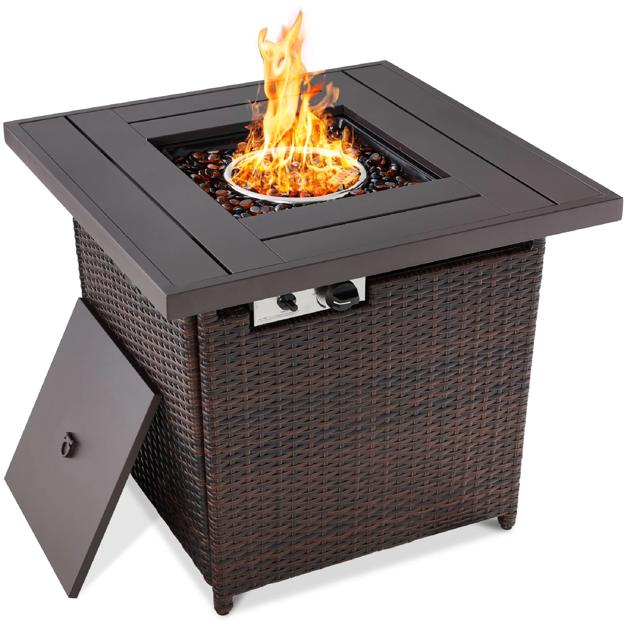 Best Choice Products 28in Propane Gas Fire Pit Table 50,000 BTU Outdoor Wicker w/ Glass Beads, Tank Holder  Brown - Womvr