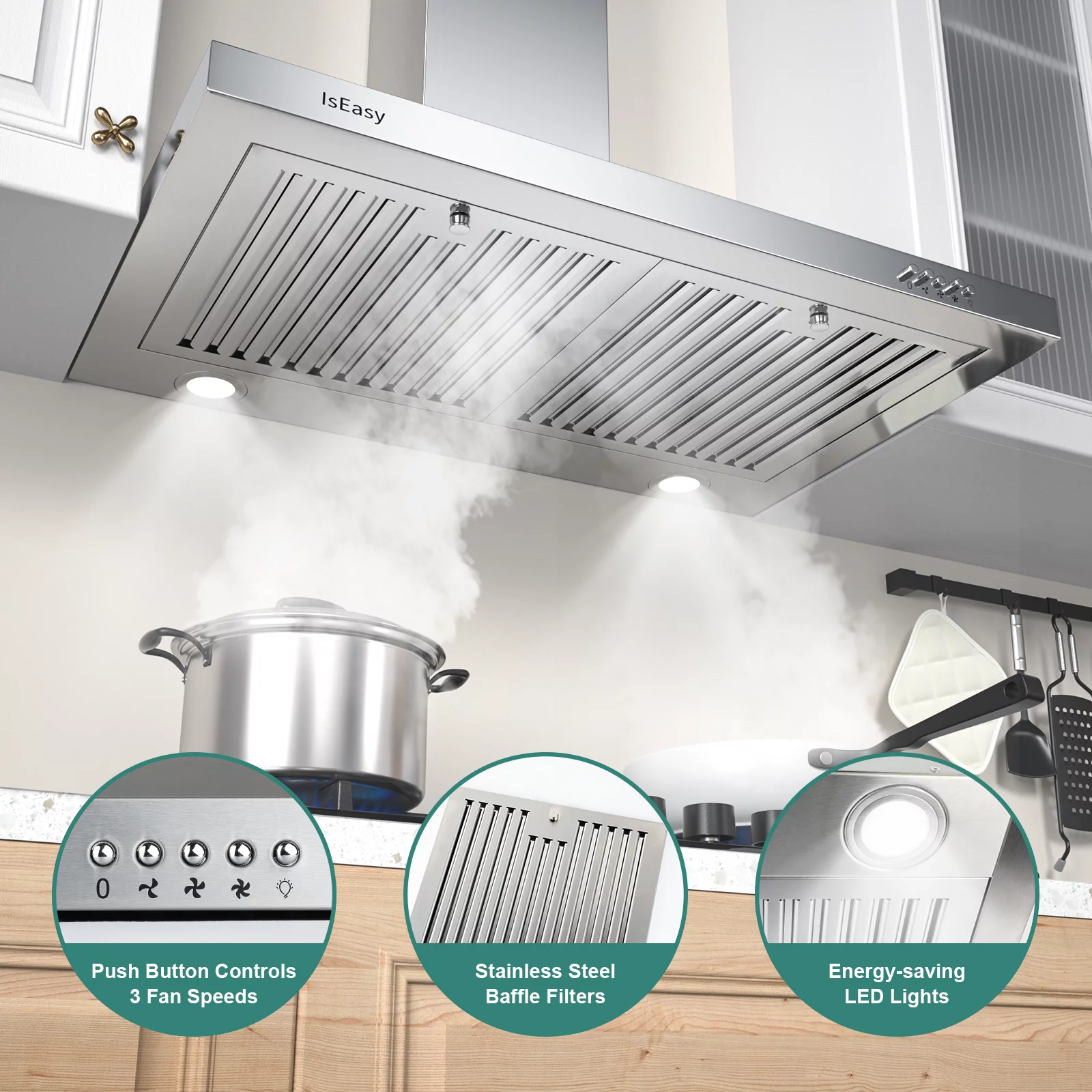 Range Hood 30 inch, IsEasy Wall Mount Vent Hood 500 CFM with Ducted Convertible Ductless Kitchen Hood in Stainless Steel, 3 Speed Exhaust Fan, LED Lights - Womvr