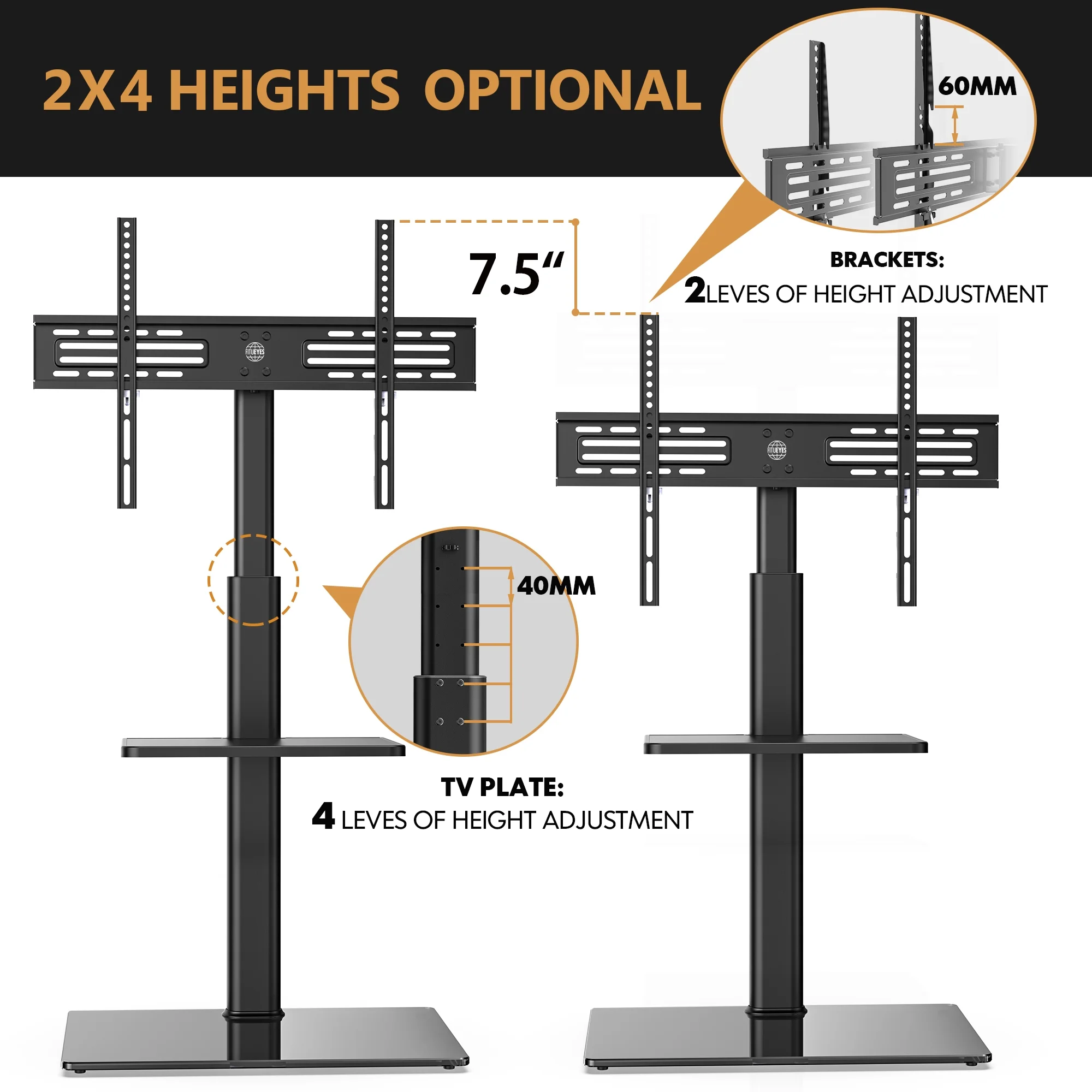FITUEYES Tempered Glass Base Floor TV Stand 32-65 Inch, Height adjustable,Swivel TV Stand with Mount,Black - Womvr