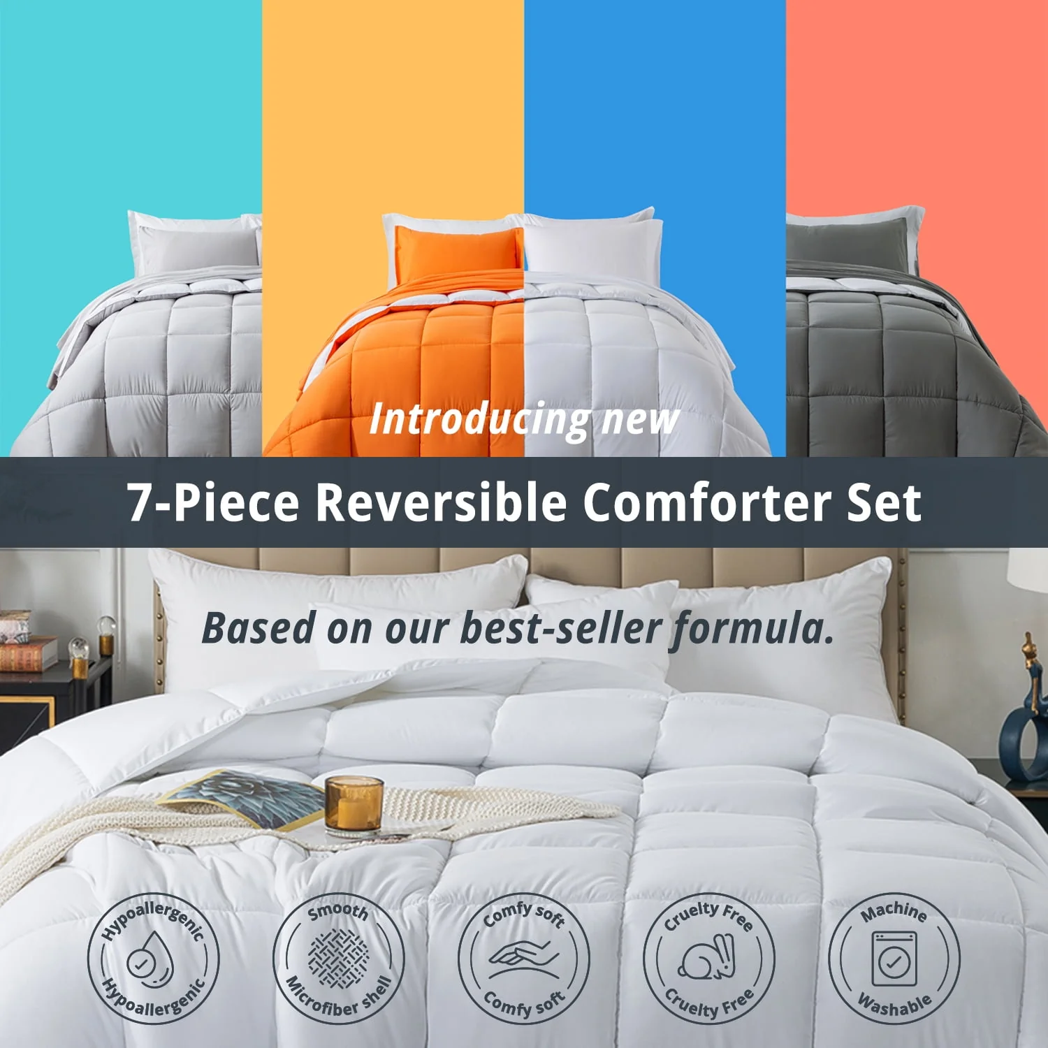 Downcool Queen Size Bed in a Bag 7 Piece Reversible Comforter Set | All-Season Bedding Sets, Adult, Unisex, White/Light Gray - Womvr