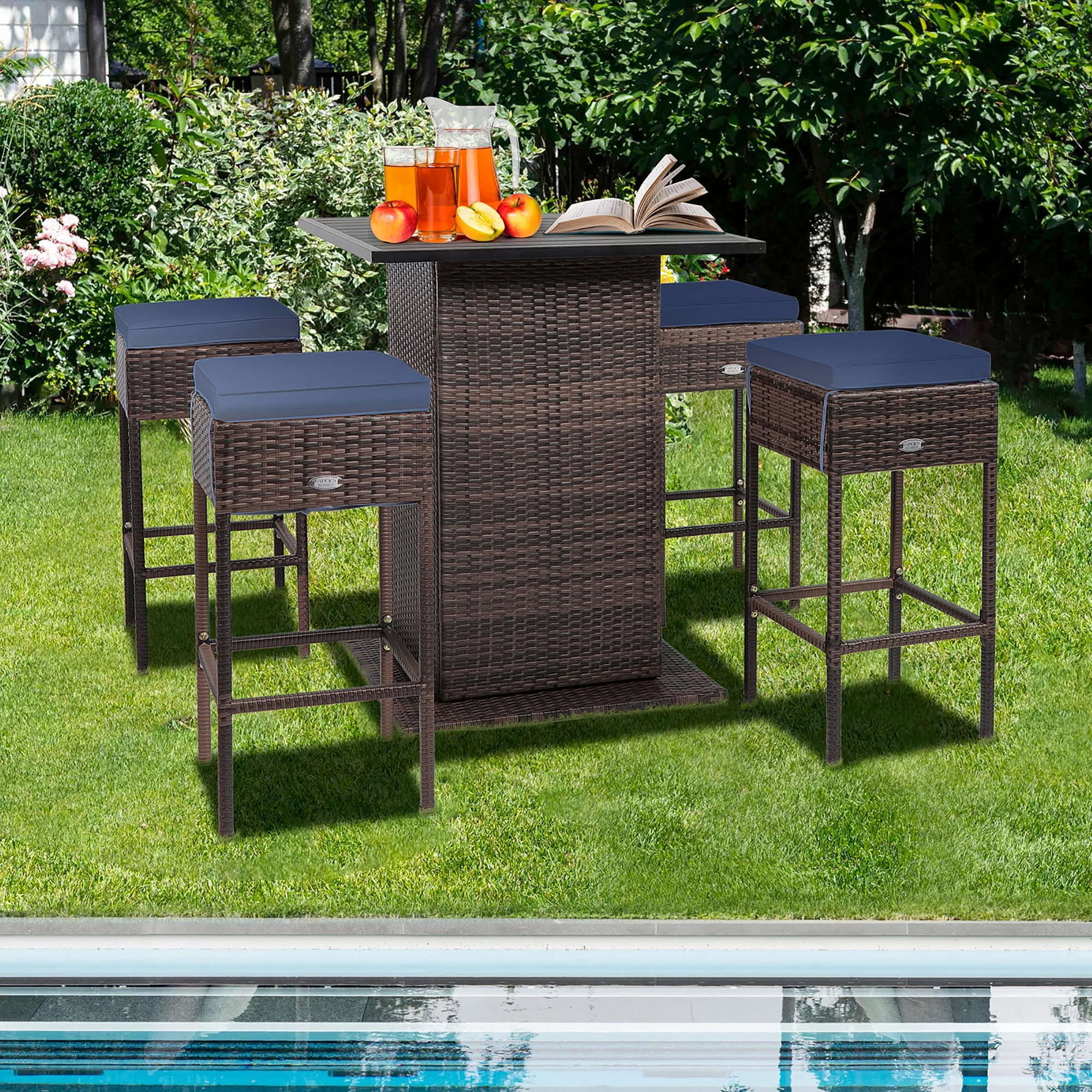Gymax 5PCS Patio Bar Set Rattan Bar Furniture Set w/ Table & 4 Cushioned Stools Navy - Womvr