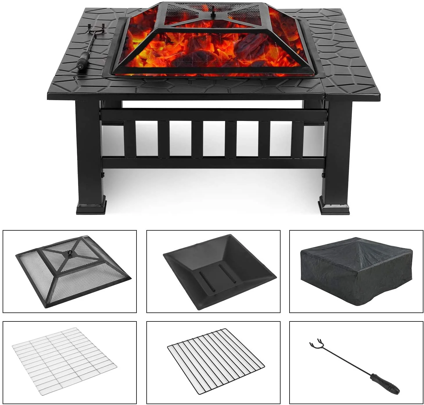 LAZY BUDDY Steel Fire Pits for Outside, 32'' Square Wood Burning Fire Pit Table, Outdoor Patio BBQ Firepit Bonfire Party - Womvr