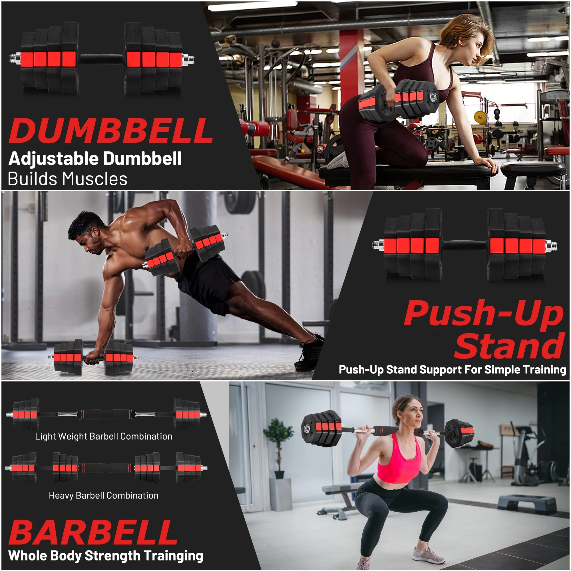 ARVAKOR 66Lbs Adjustable Dumbbells Set, 3 in 1 Free Weight Set as Barbell, Push up Stand, Fitness Exercises for Men/Women, Red - Womvr