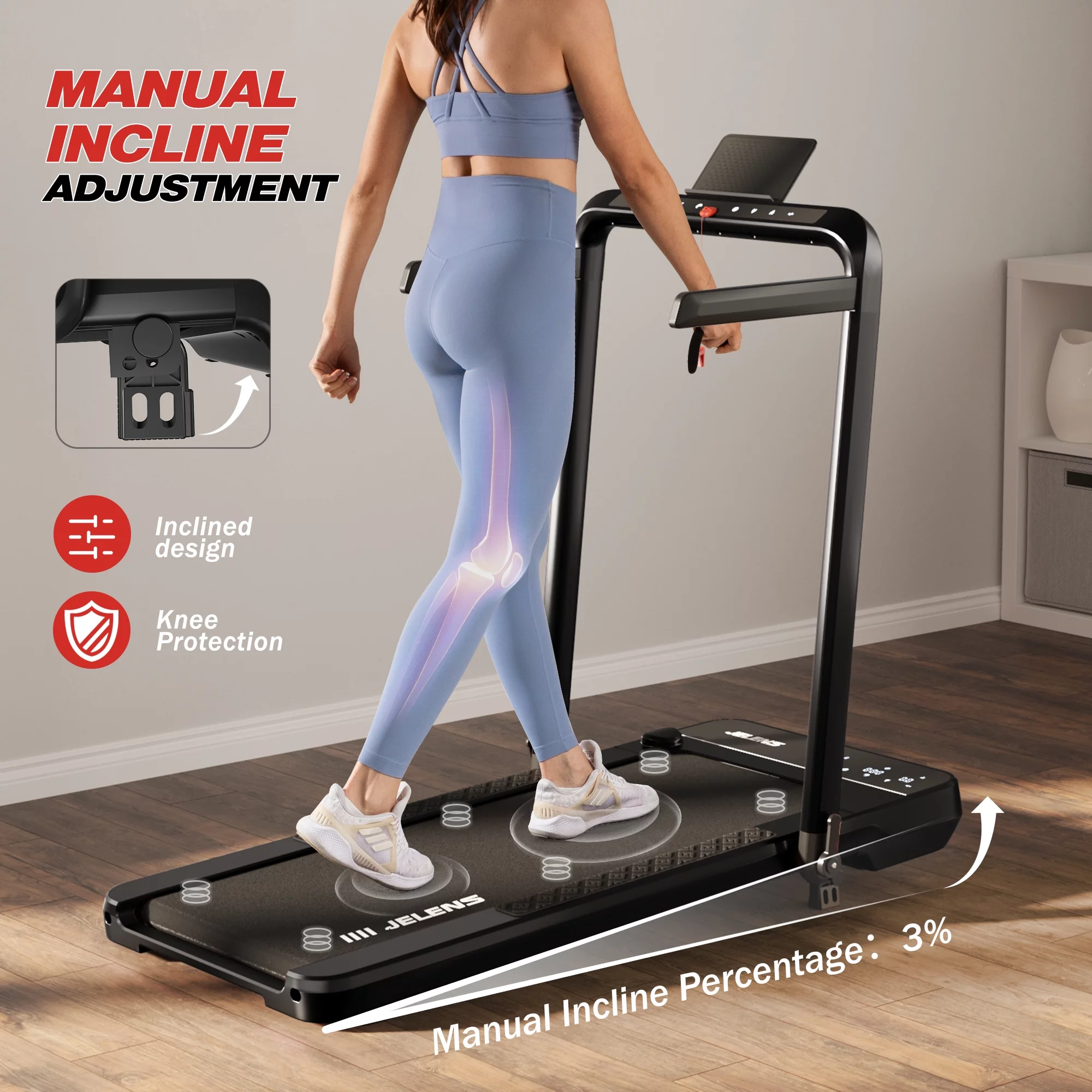 JELENS 2 in 1 Incline Treadmill Under Desk Walking Pad 2.5HP Home Folding Treadmills with Gesture Sensing Control, Walking Machine for Office with Led Display - Womvr