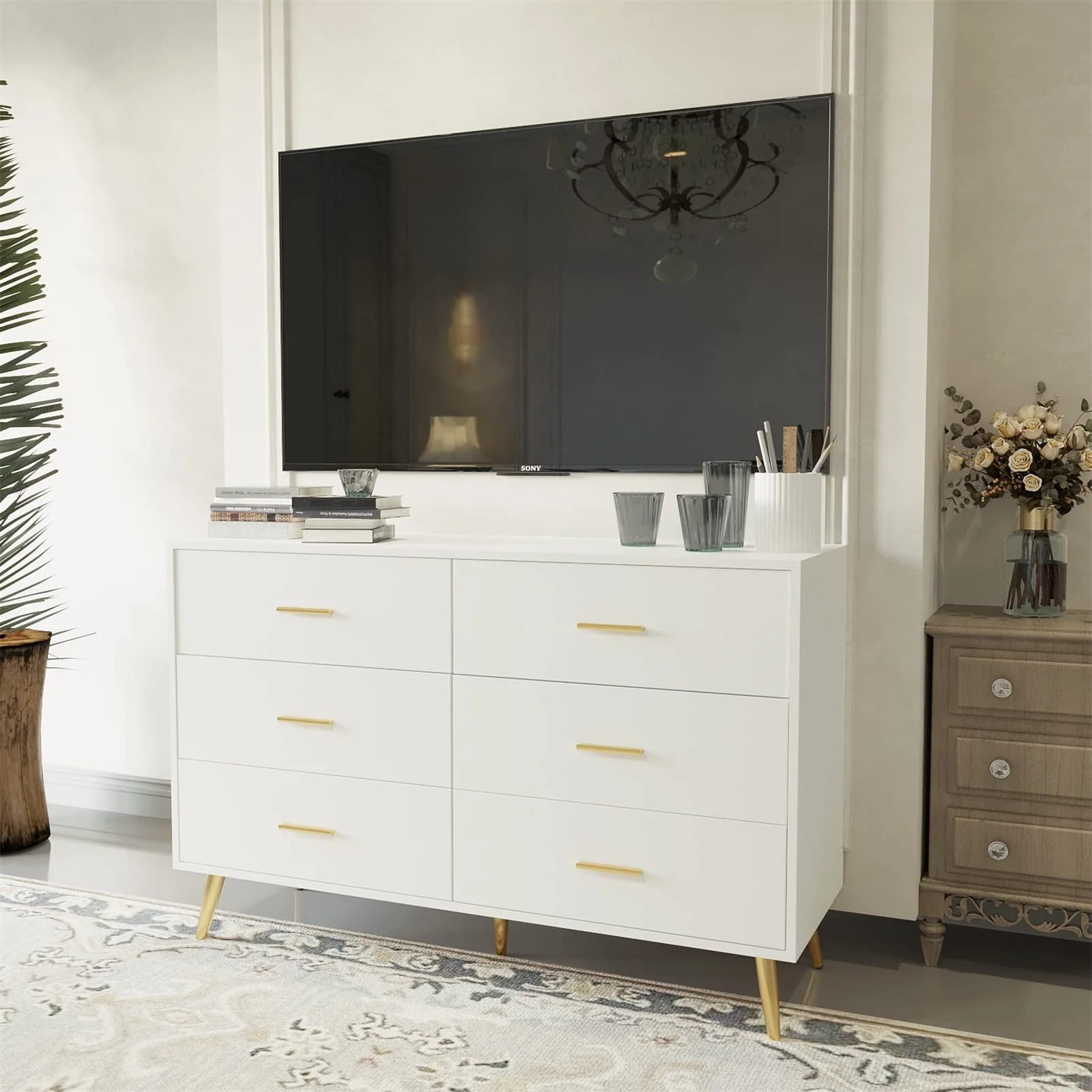 6 Drawer Dresser, Mid-Century Modern Chest Of Drawers, Double Dresser Storage Cabinet For Bedroom Living Room Hallway(White-6 Drawers) - Womvr