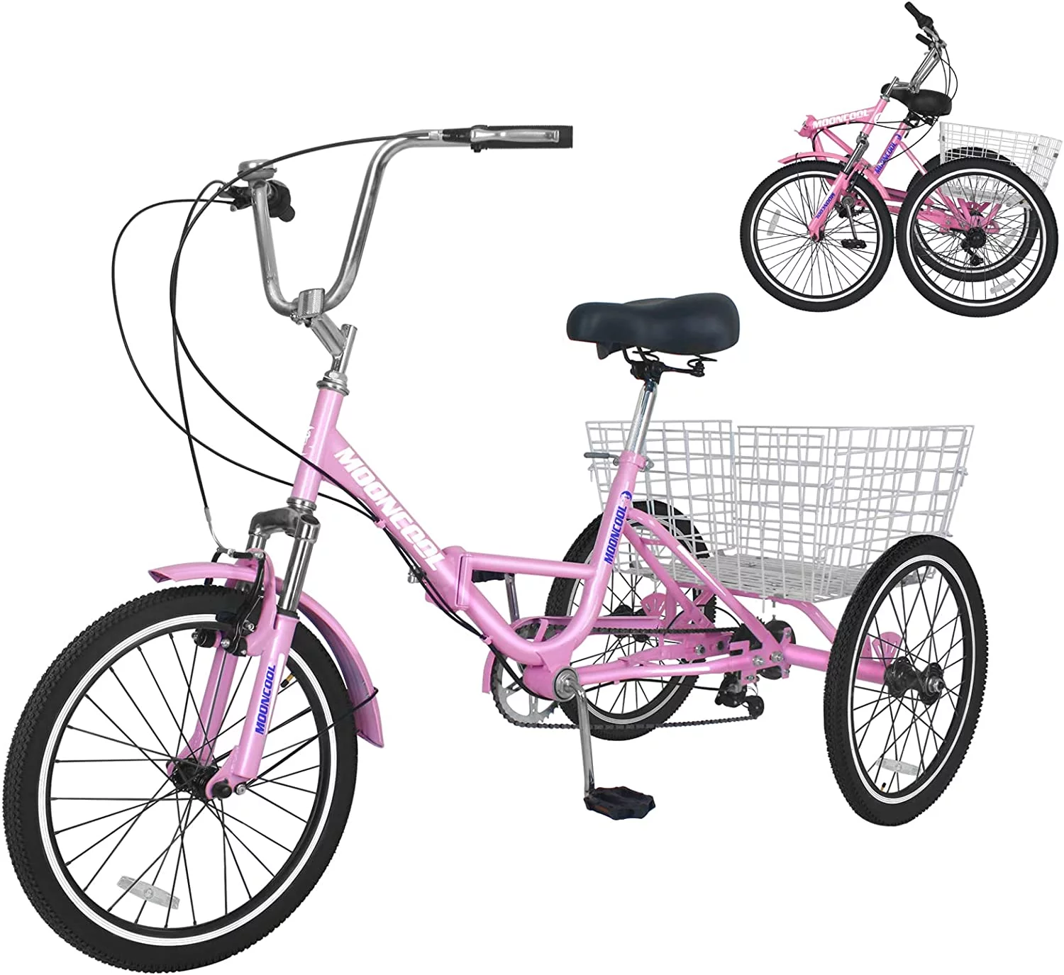 MOONCOOL Adult Folding Tricycle, 7 Speed 20/24/26 inch Adult Tricycles, Three Wheel Bike Cruiser Trike with Large Basket - Womvr