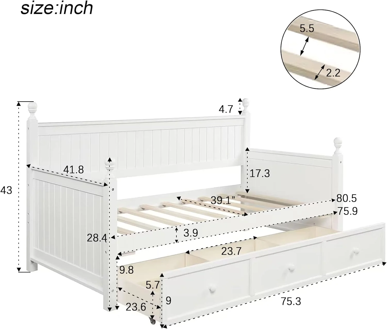 Daybed With Storage Drawers Wood Day Bed Frame For Living Room Bedroom Dual-Use Sofa Beds For Kids Guests Sleepovers. White - Womvr