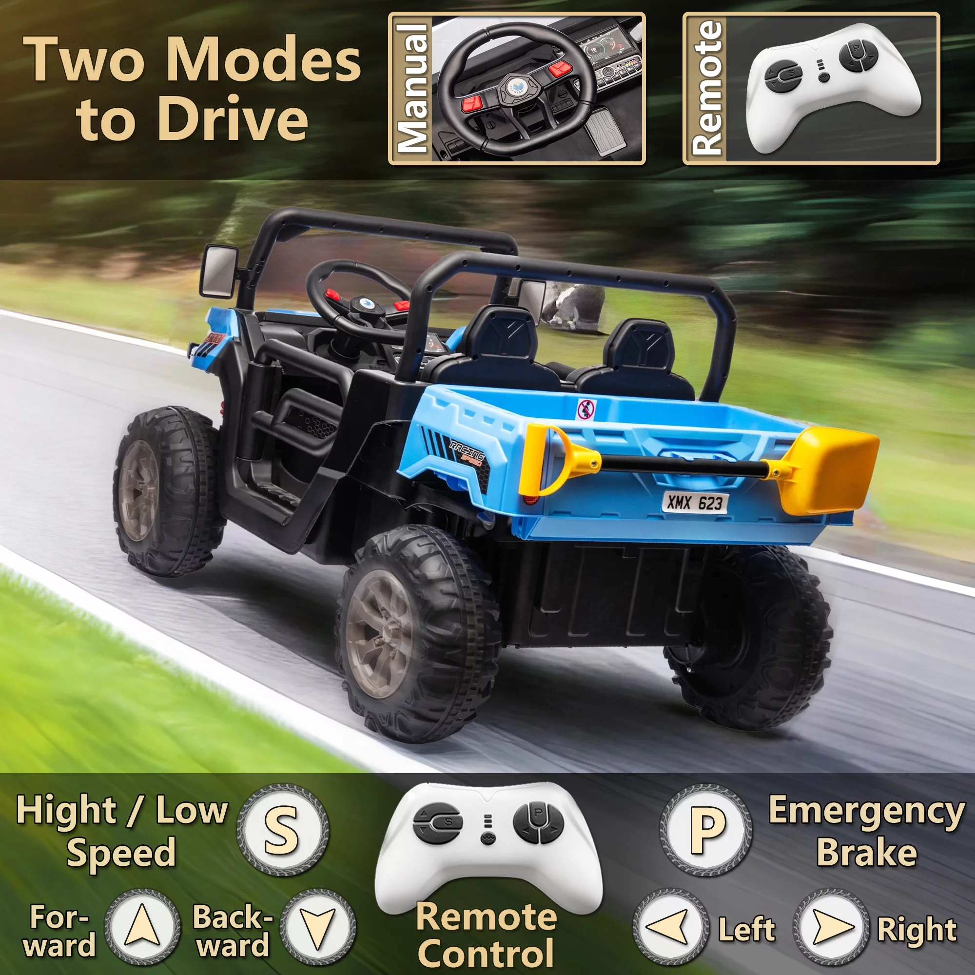 24V 2 Seater Ride on Toys, Ride On UTV with 2x200W Motor Ride On Dump Truck, Ride On Car with Dump Bed/Shovel, Electric Vehicle with Rubber Tires, LED Light, Music, Remote Control, Black - Womvr