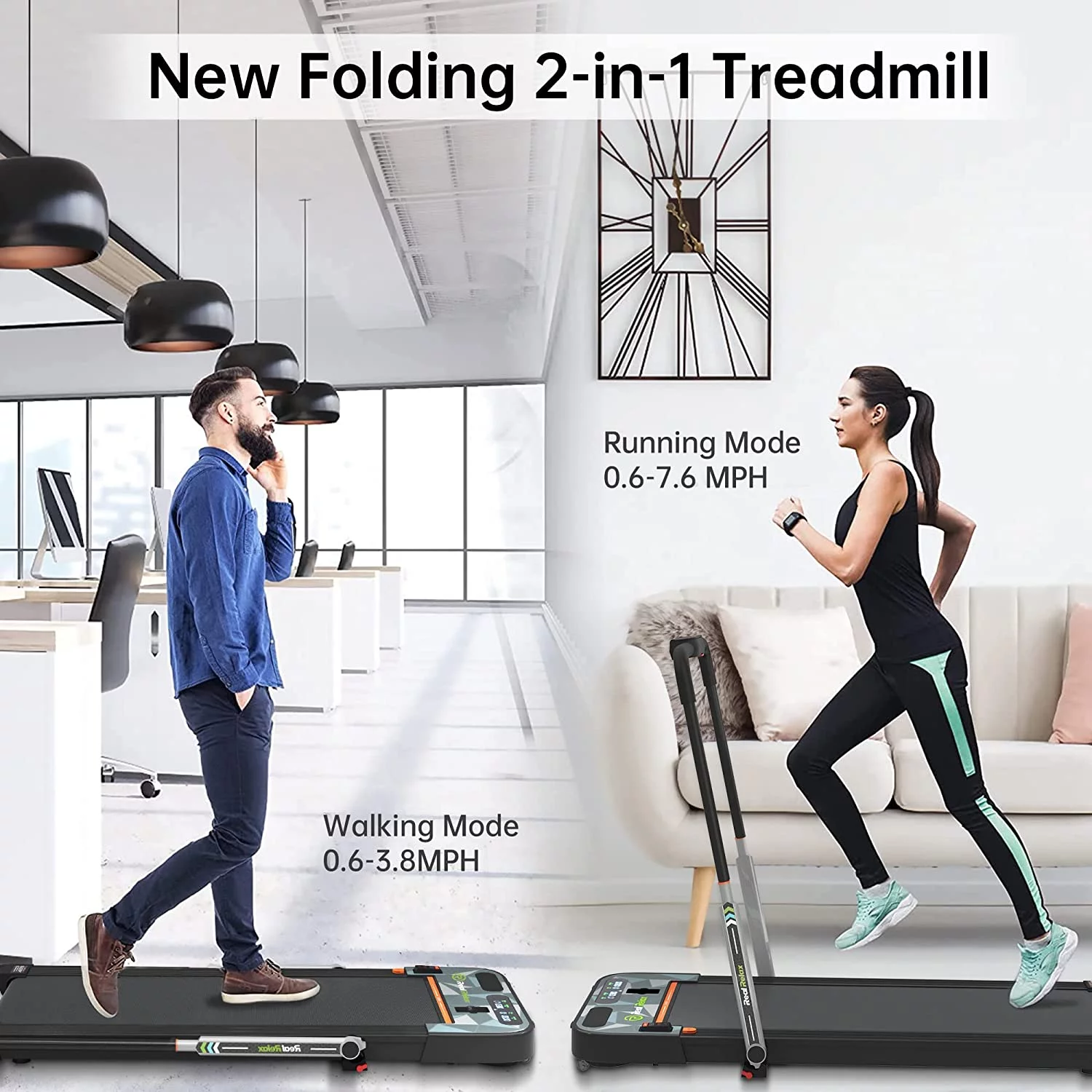 Real Relax 2 in 1 Folding Treadmill, 2.25HP Under Desk Electric Treadmill Walking Jogging Machine for Home Office - Womvr