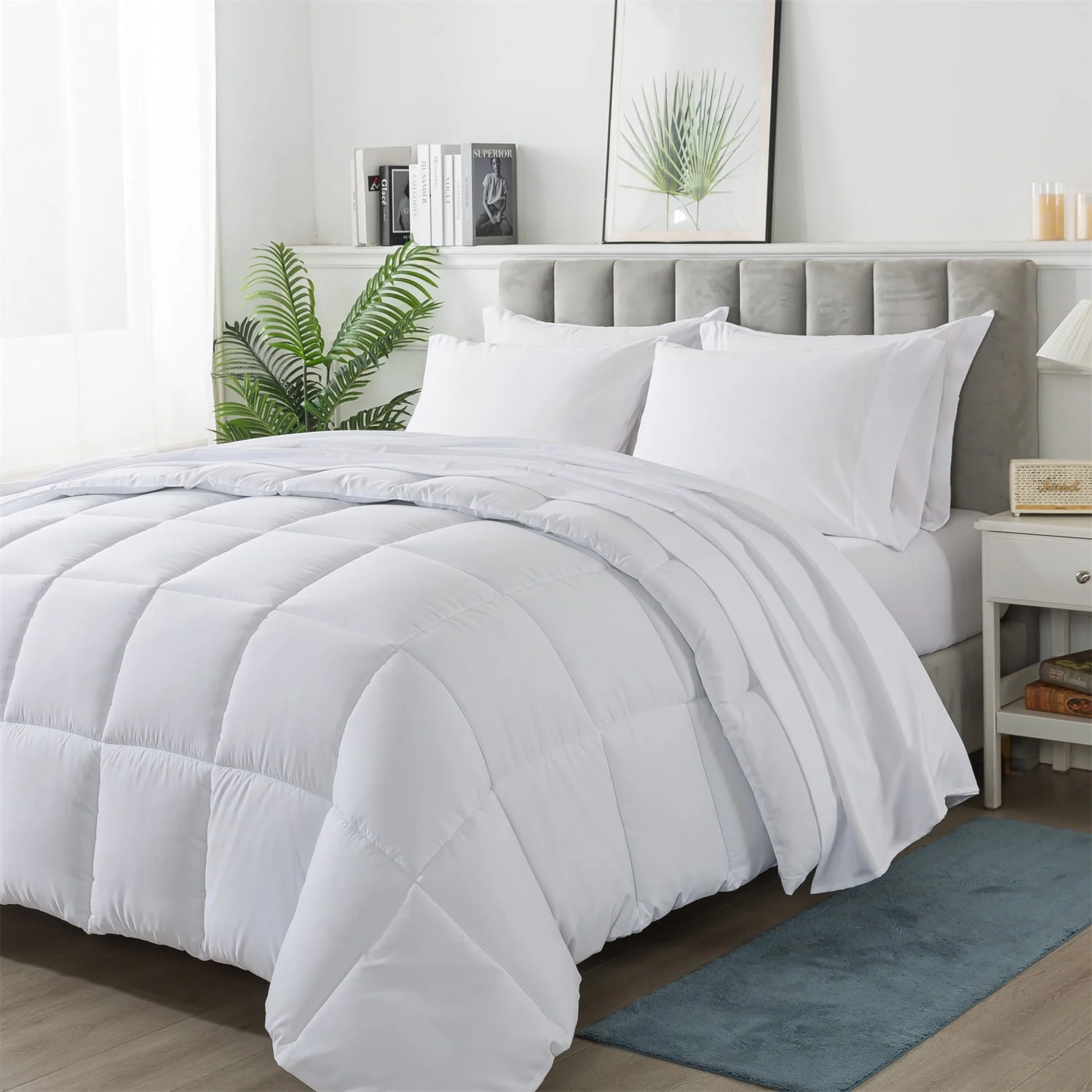 Downcool Queen Size Bed in a Bag 7 Piece Reversible Comforter Set | All-Season Bedding Sets, Adult, Unisex, White/Light Gray - Womvr