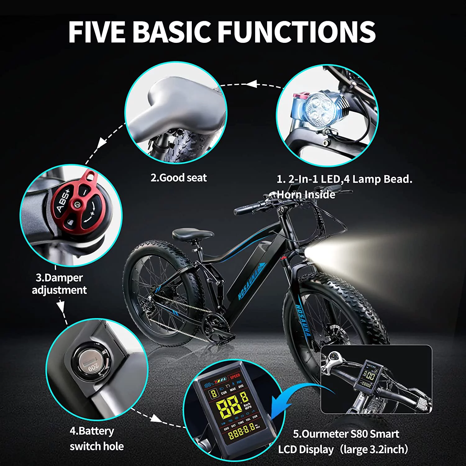 Electric Bike Electric Mountain Bike 500W Ebike26'' Fat Tire Ebike, 28+MPH Adults Ebike with Removable 48V 15Ah Battery, Shimano 6-Speed Grey - Womvr