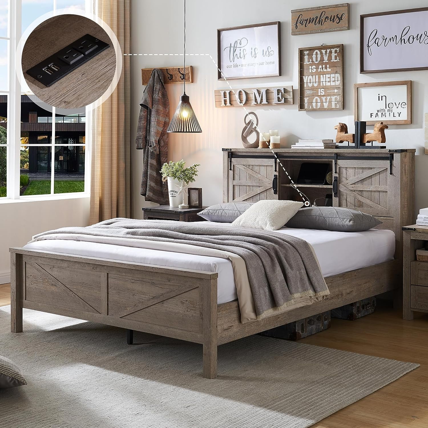 OKD Modern Farmhouse Full Platform Bed with Bookcase Headboard Storage and Charging Station, No Box Spring Needed, Anitique White Finish - Womvr