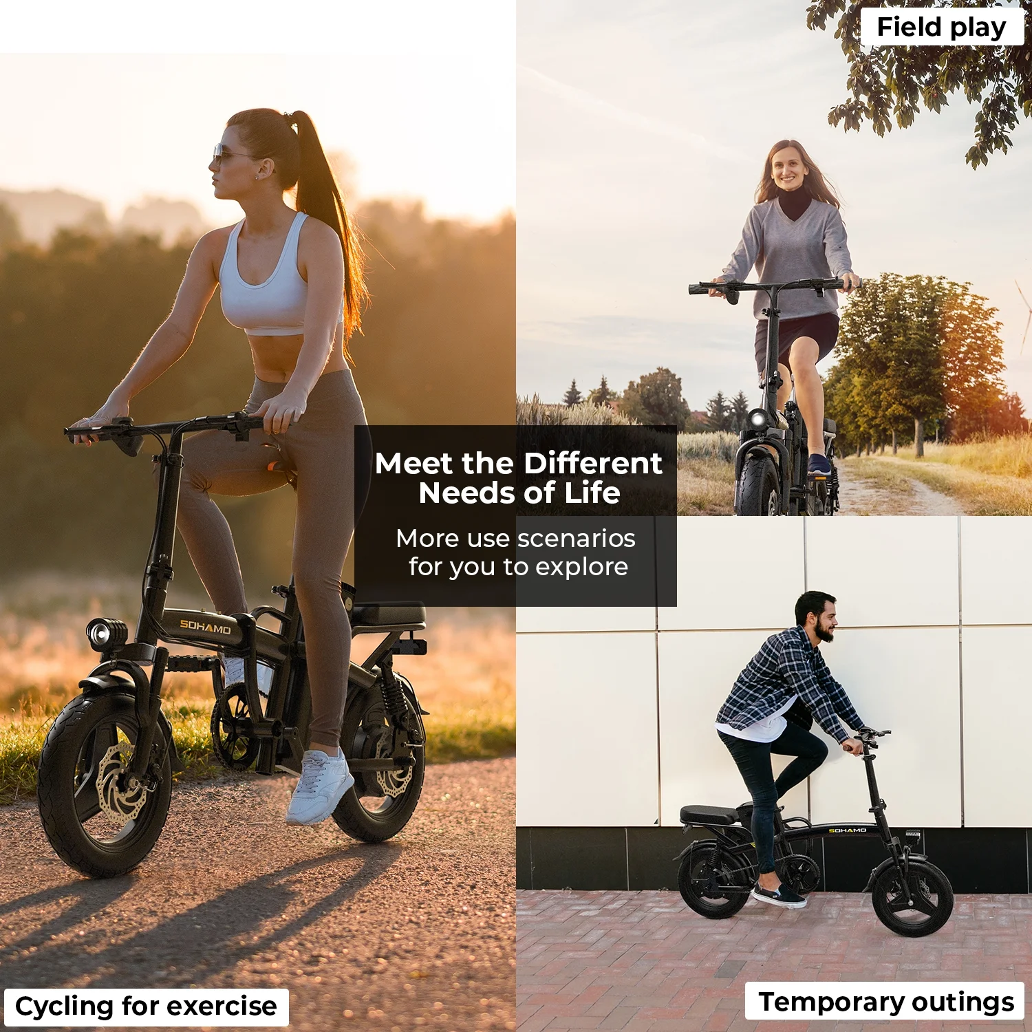 SOHAMO Electric Bike w/400W Motor and 48V 13Ah Removable Battery Folding Ebike for Adults and Teens, Full Suspension, 3 Levels Assist, 14