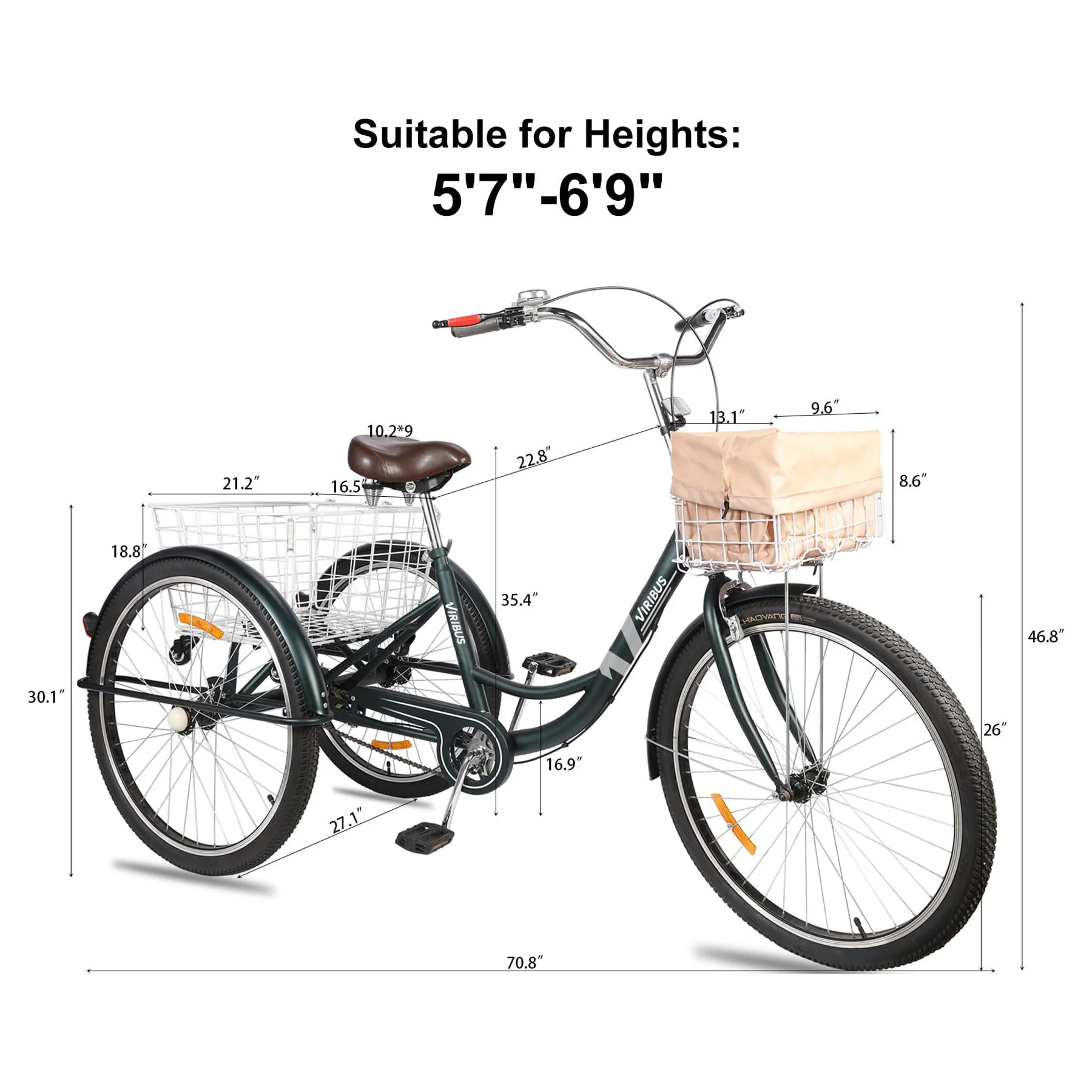 Viribus 26 Inch Single Speed Adult Tricycle,3 Wheels Cruiser Bike with Removable Wheeled Basket, Dustproof Bag, Lights & Bell for Cycling Shopping Picnic ,Hybrid Beach Trike for Men & Women, Pink - Womvr