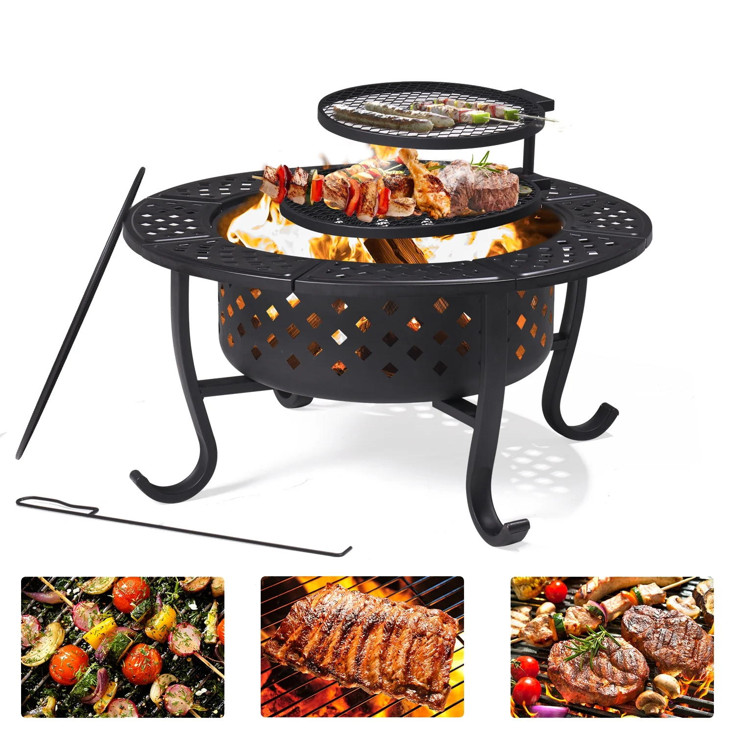 BaPiPro Fire Pit, 36.2 inch Fire Pits for Outside, Metal Round Outdoor Firepit with 2 Grill, Black - Womvr