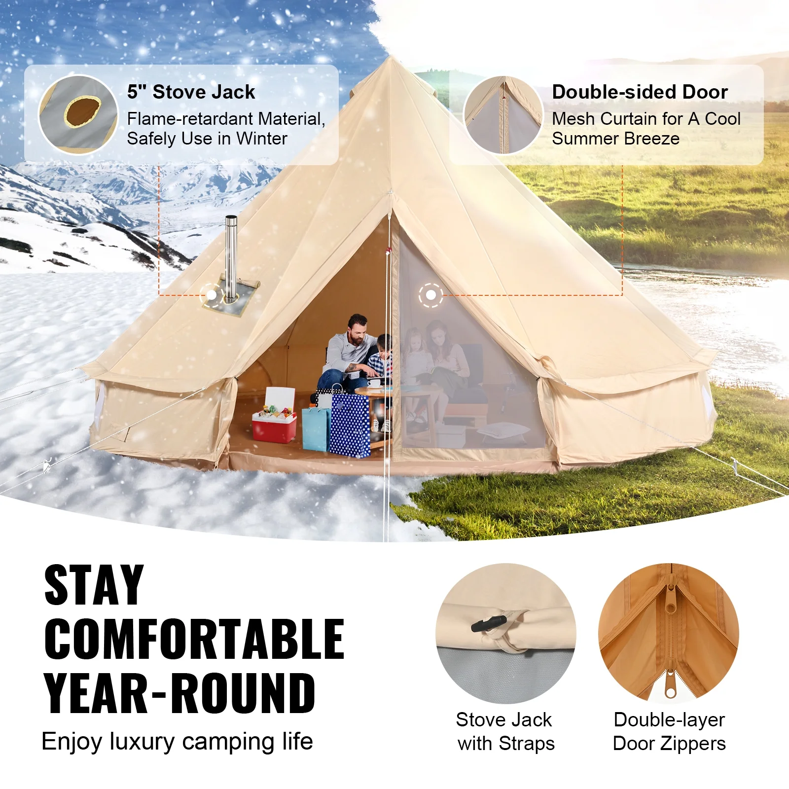 SKYSHALO Canvas Bell Tent 5m/16.4ft 4-Season Camping Yurt Tent with Stove Jack - Womvr