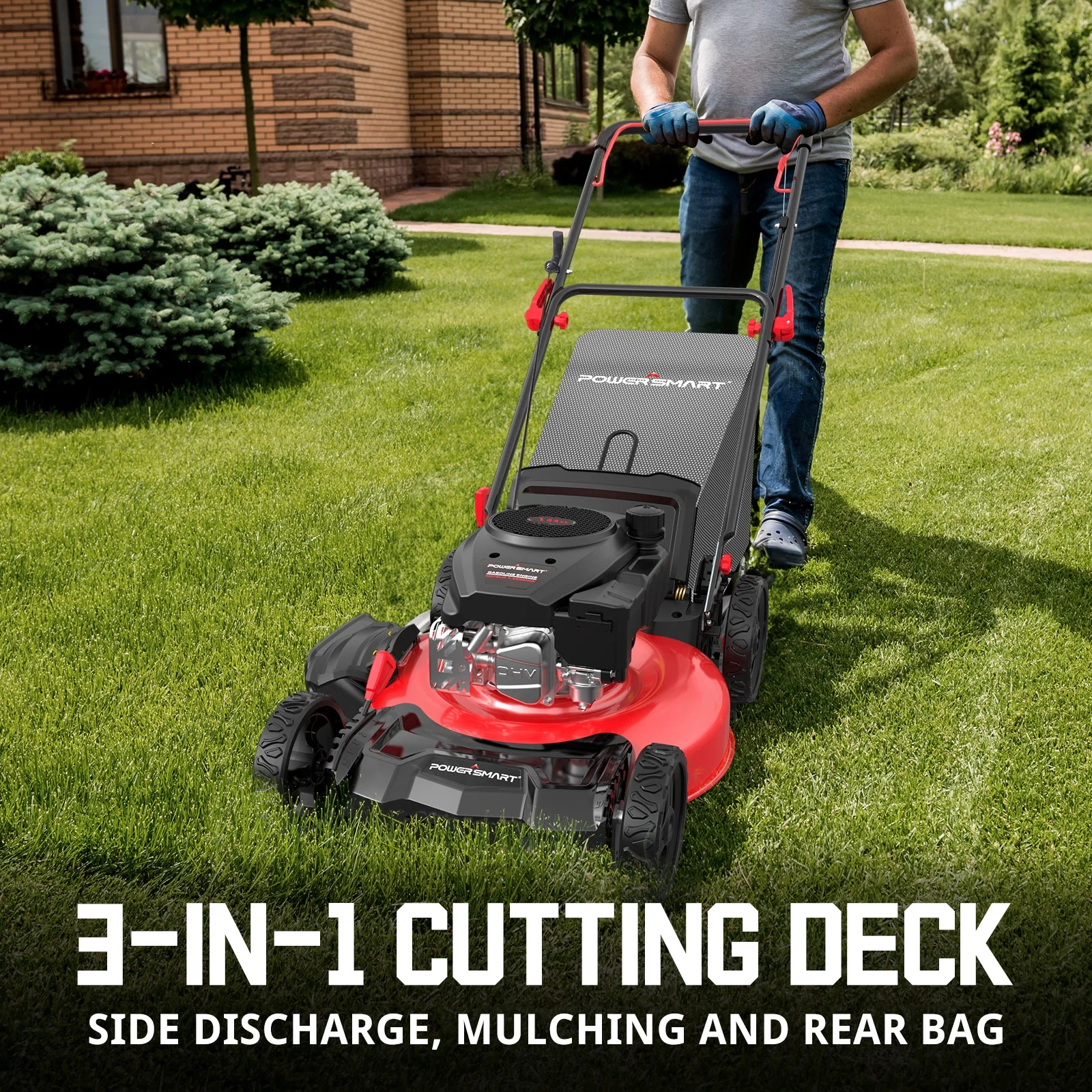 PowerSmart Gas Push Lawn Mower, Powered 21-inch 3-in-1 with 144cc OHV 4-stoke Gas Engine - Womvr