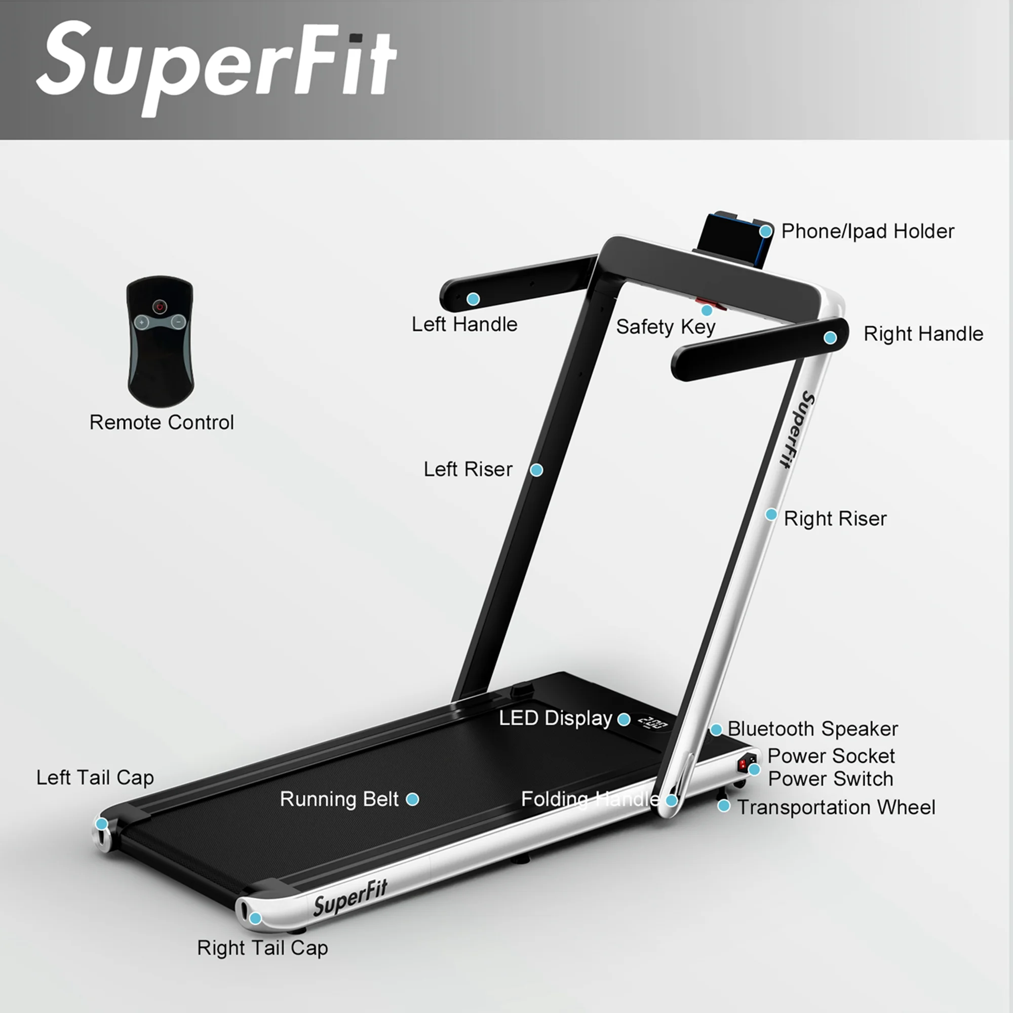 SuperFit Up To 7.5MPH 2.25HP 2 in 1 Single Display Screen Folding Treadmill Remote Control W/ APP Control Speaker Black - Womvr