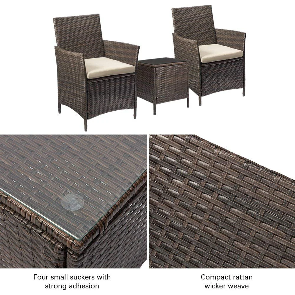 Lacoo 3 Pieces Outdoor Patio Furniture PE Rattan Wicker Table and Chairs Set Bar Set with Cushioned Tempered Glass, Brown/Beige, 2 - Womvr