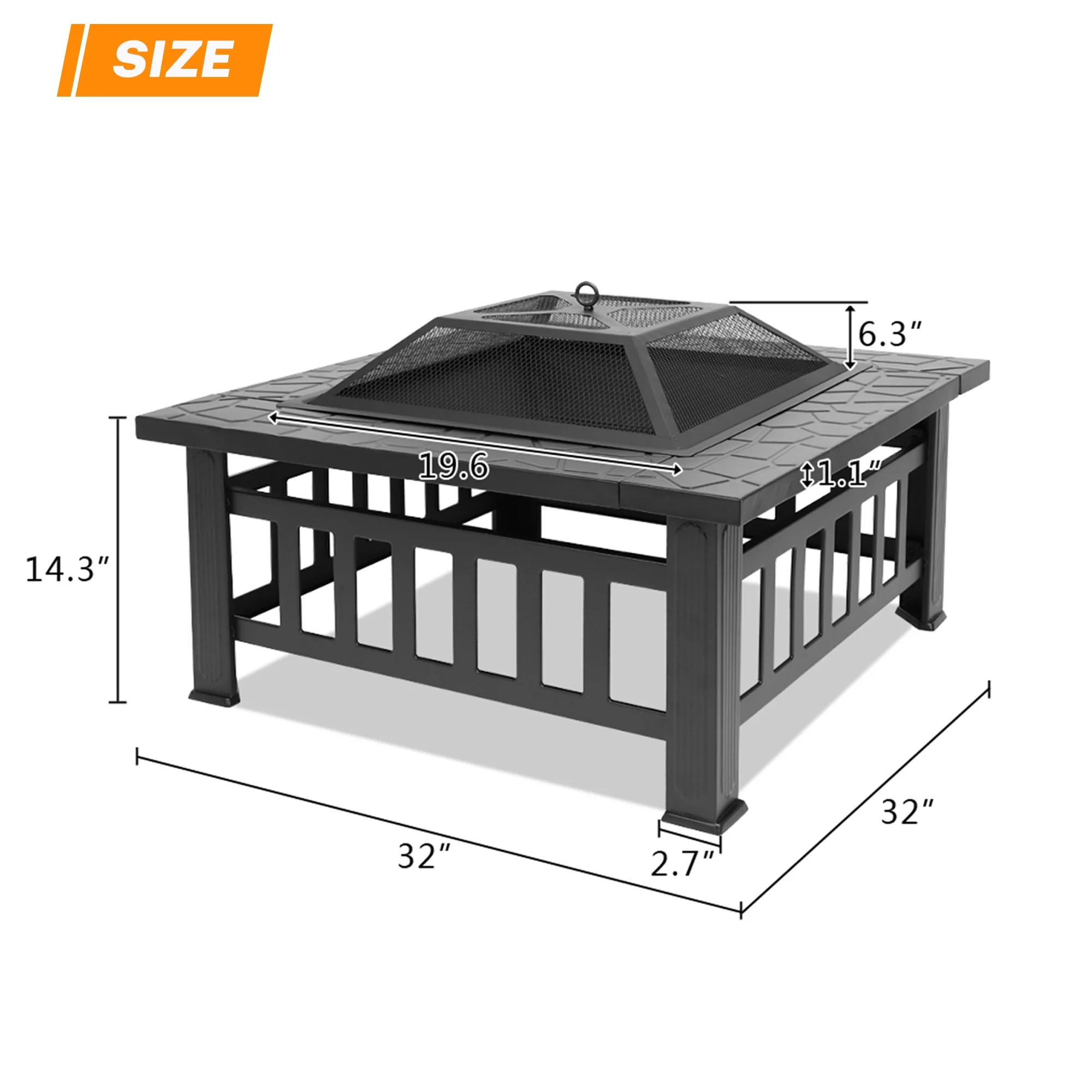 Multifunctional Fire Pit Table, Metal Fire Pit for Outside Stone Pattern, Wood Burning Outdoor Fireplace with Screen Lid/Poker for Backyard Patio Garden, 32